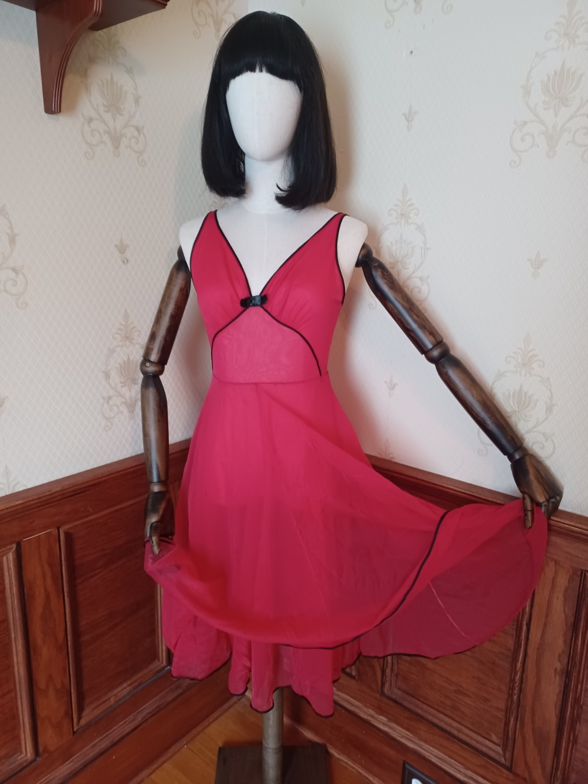 Vintage 1950s Red Pinup/Rockabilly Sheer Sleeveless Slip Dress with Black…