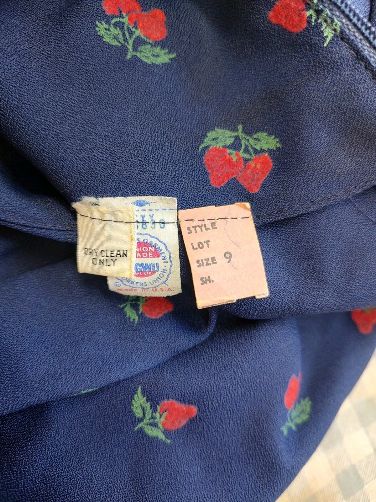 80’s Vintage Maxi Dress Strawberry Flocked Print Navy Sweetheart Neckline Long S