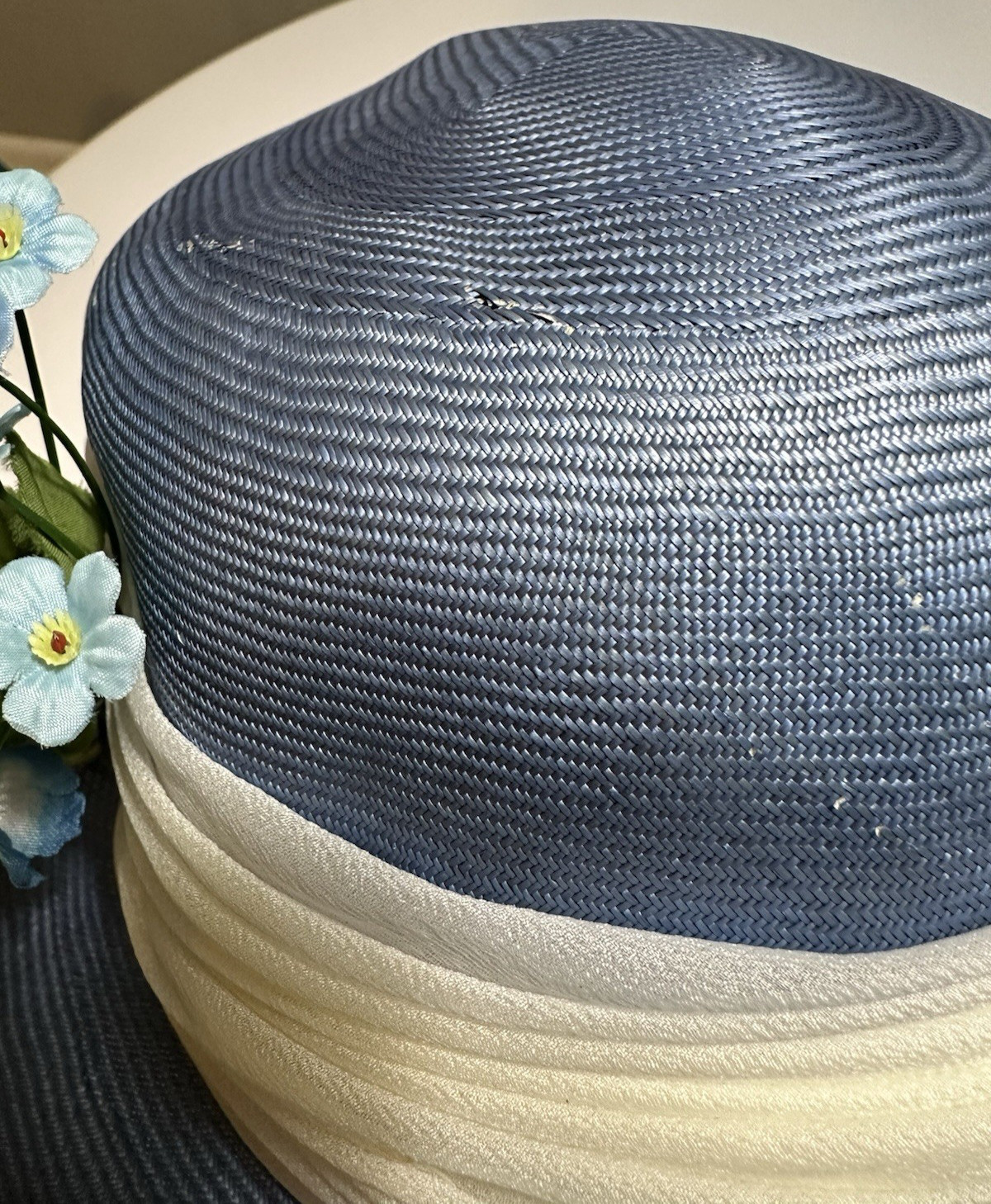 Vintage MR JOHN CLASSIC Cloche Hat Church Bucket Straw White Blue Flower Wedding