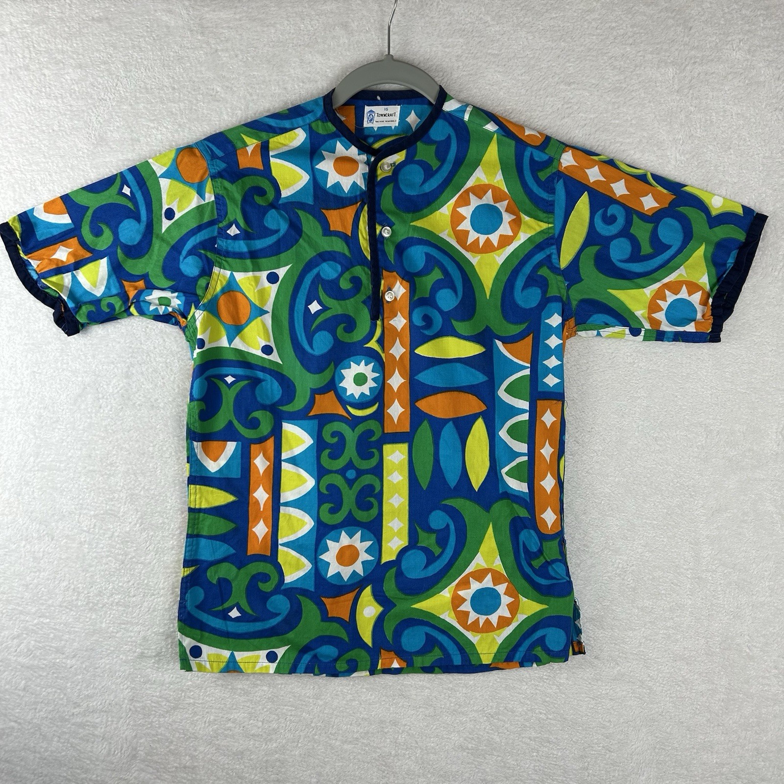 Vintage 60s Towncraft Penney’s Womens S Hawaiian Shirt Blue Tribal Psychedelic
