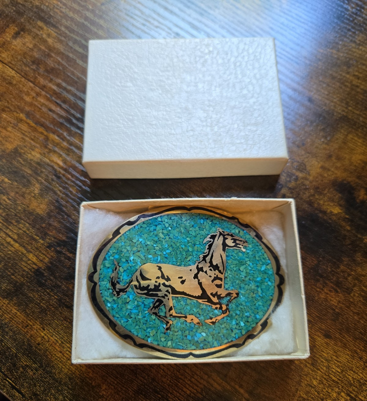 Vintage Horse Brass Belt Buckle Turquoise Chip Inlay Signed MJL 1981 Western