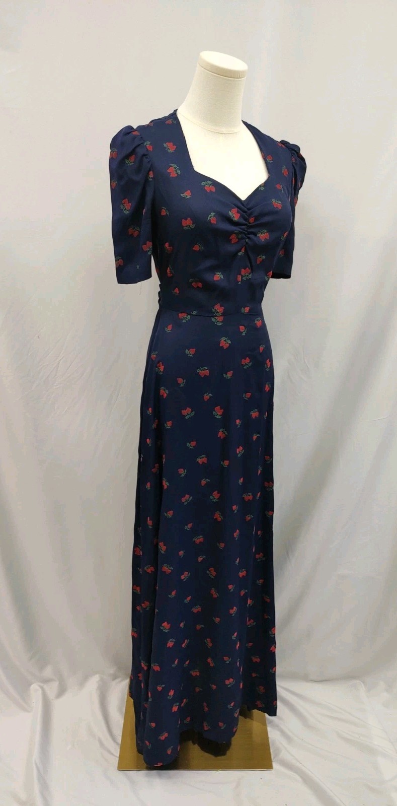 80’s Vintage Maxi Dress Strawberry Flocked Print Navy Sweetheart Neckline Long S