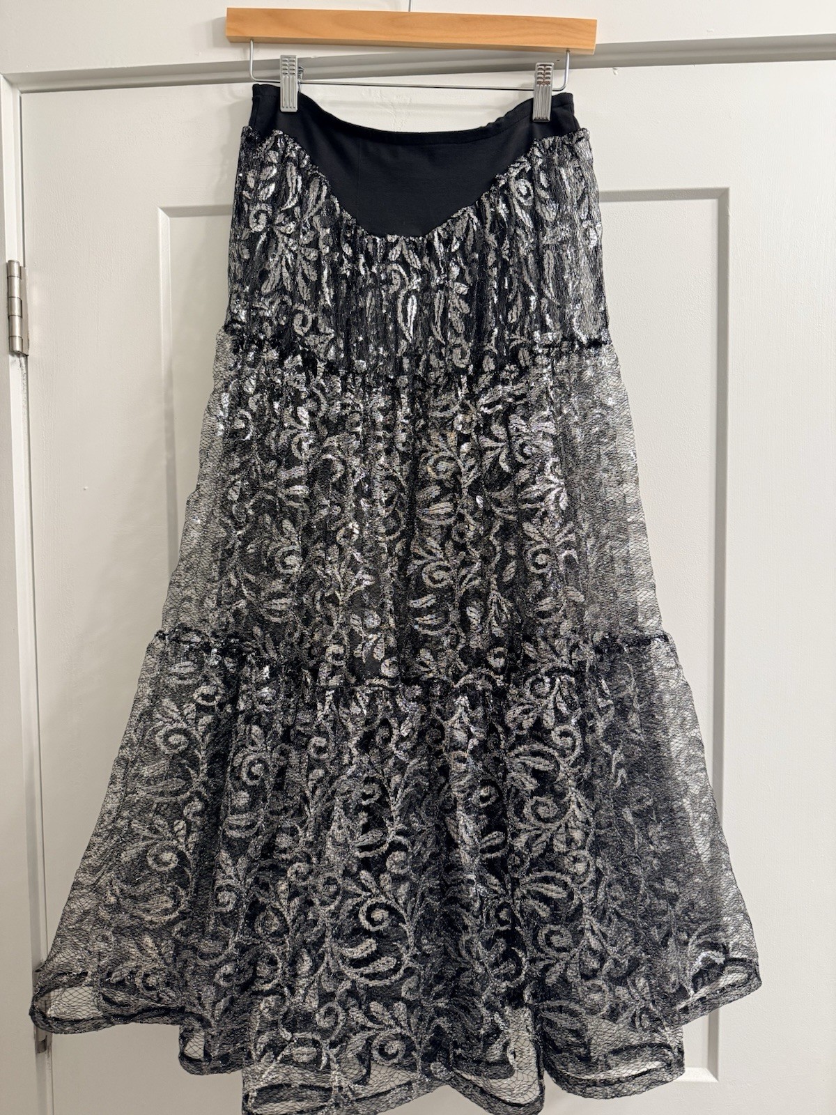 Vintage 80s Betsey Johnson Punk Label Silver Flare Metallic Lace Skirt Grunge