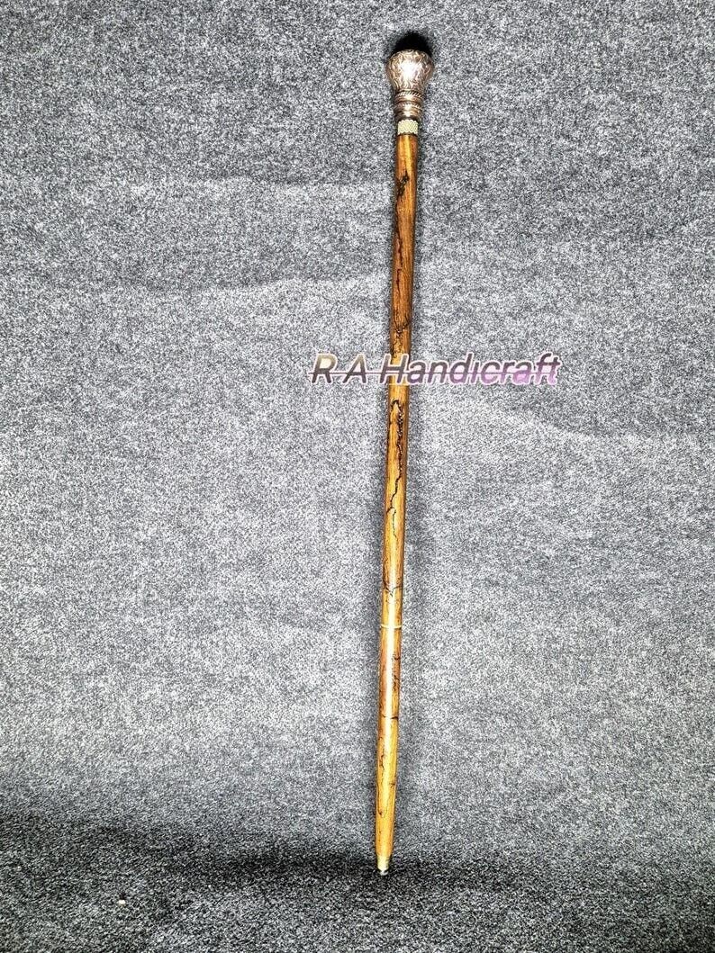 Victorian Walking Cane With Round Brass Copper Finish Handle Wooden Carved Stick