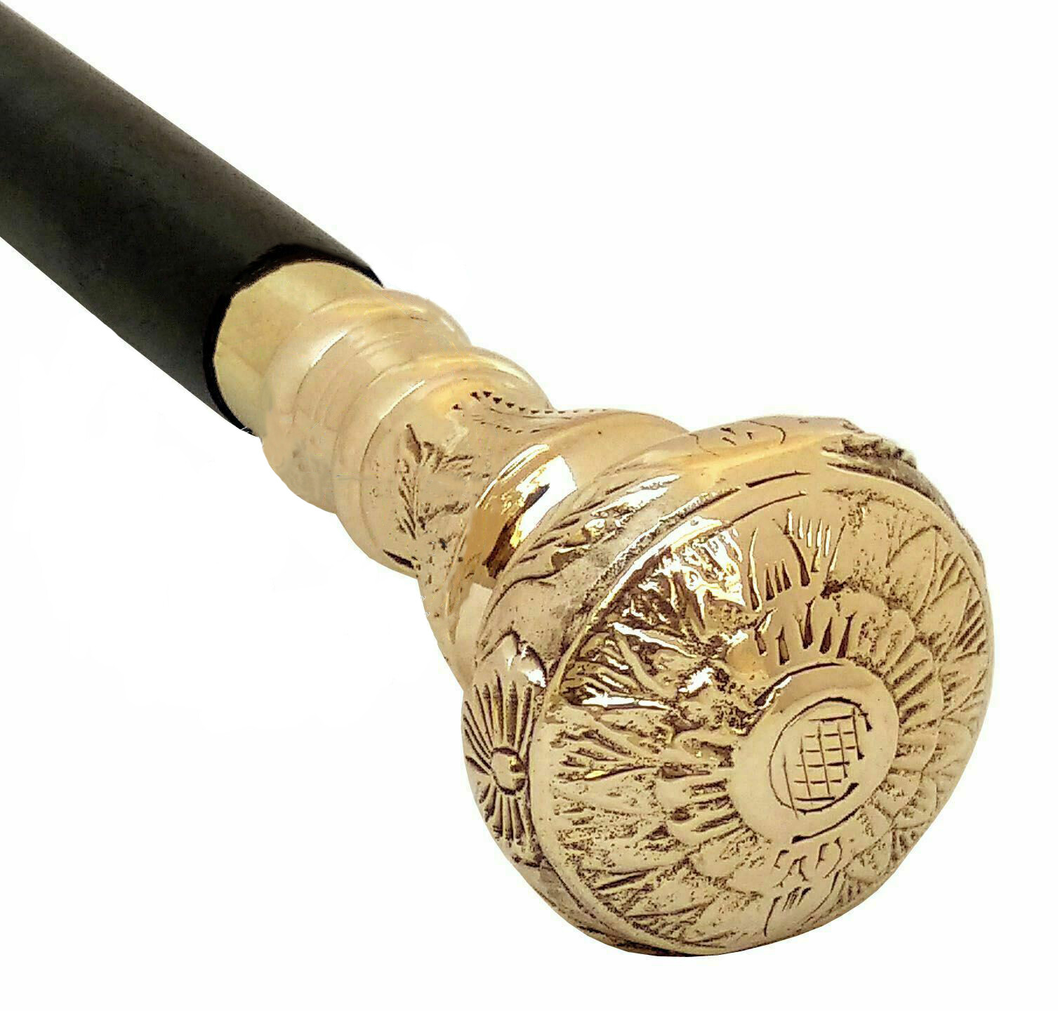 Classic Style Black Wooden Walking Stick Cane Polished Vintage Brass Knob Handle
