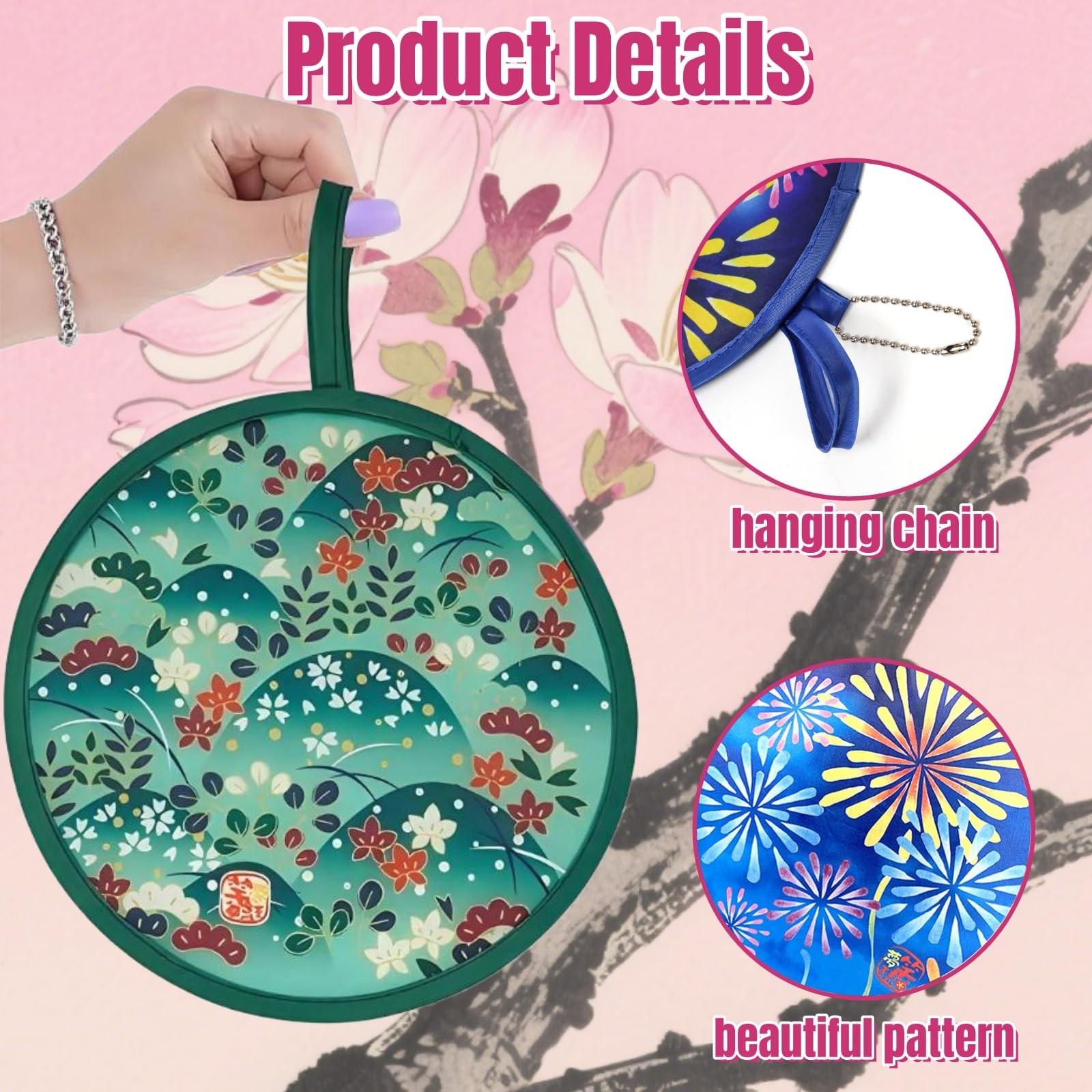 Collapsible Handheld Fans, Portable Round Japanese Foldable Fan Festival Decor