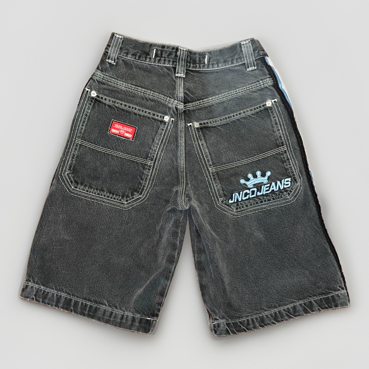 Vintage JNCO Jeans Shorts Boys Size 12 Black Denim Jorts Side Stripe B2790DS Y2K