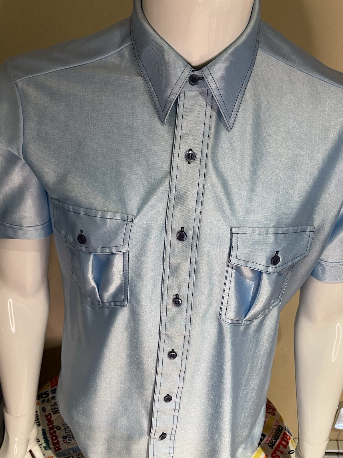 Vintage 70’s Sutton Place baby blue nylon Qiana shirt Retro Disco Size M