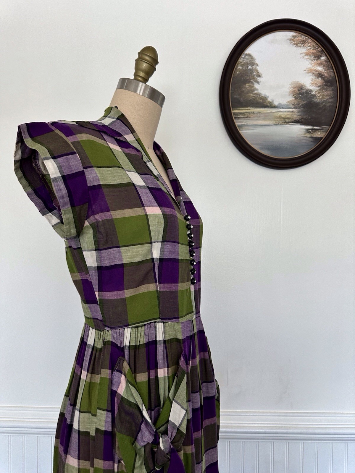 Vintage 1950s Plaid Green And Purple Dress With Pockets