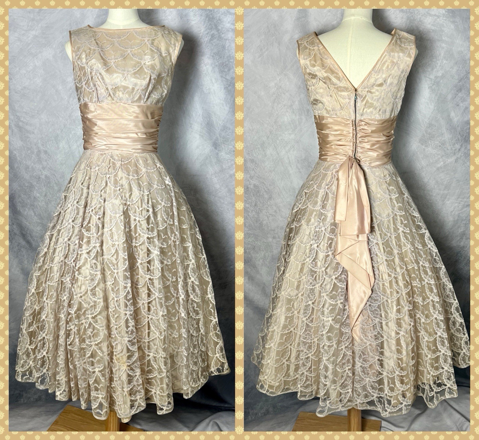 Vintage 1950s Champagne Beige Scalloped Lace Full Skirt Party Formal Dress Sz S