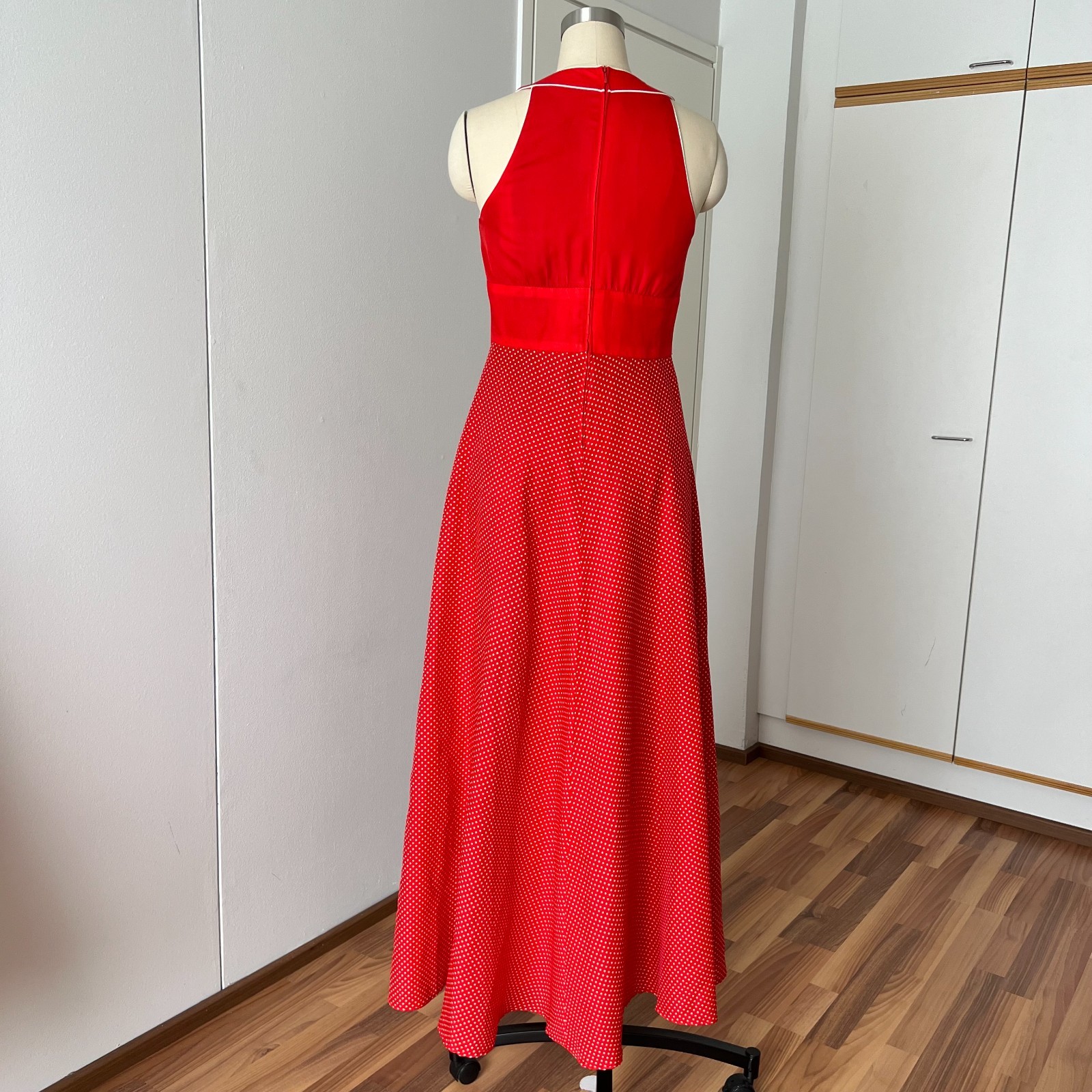 1970s YVETTE Red Polka Dot Maxi Dress V Neck Aline French Vintage Romantic Retro