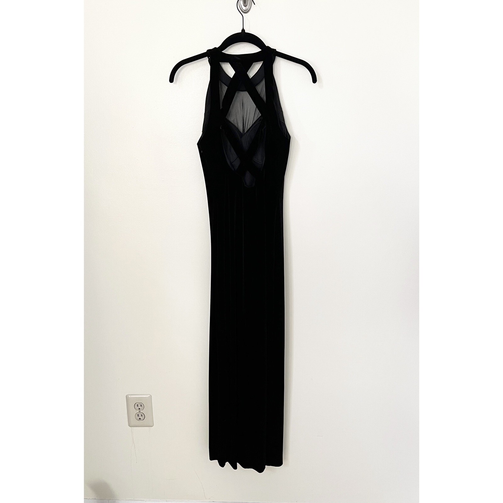 Vintage 90s Faviana New York black velvet mesh strap evening dress size 3/4