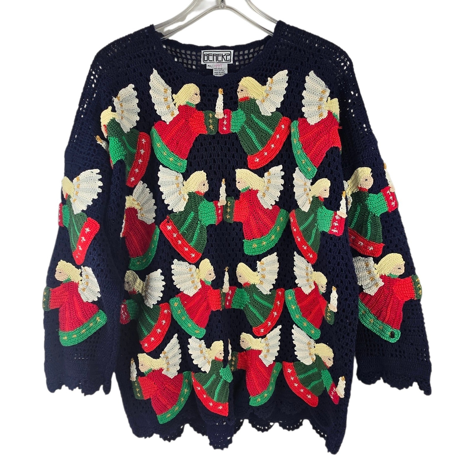 Vintage Berek2 Angel Christmas Crochet Sweater Navy Blue Applique Scalloped M/L