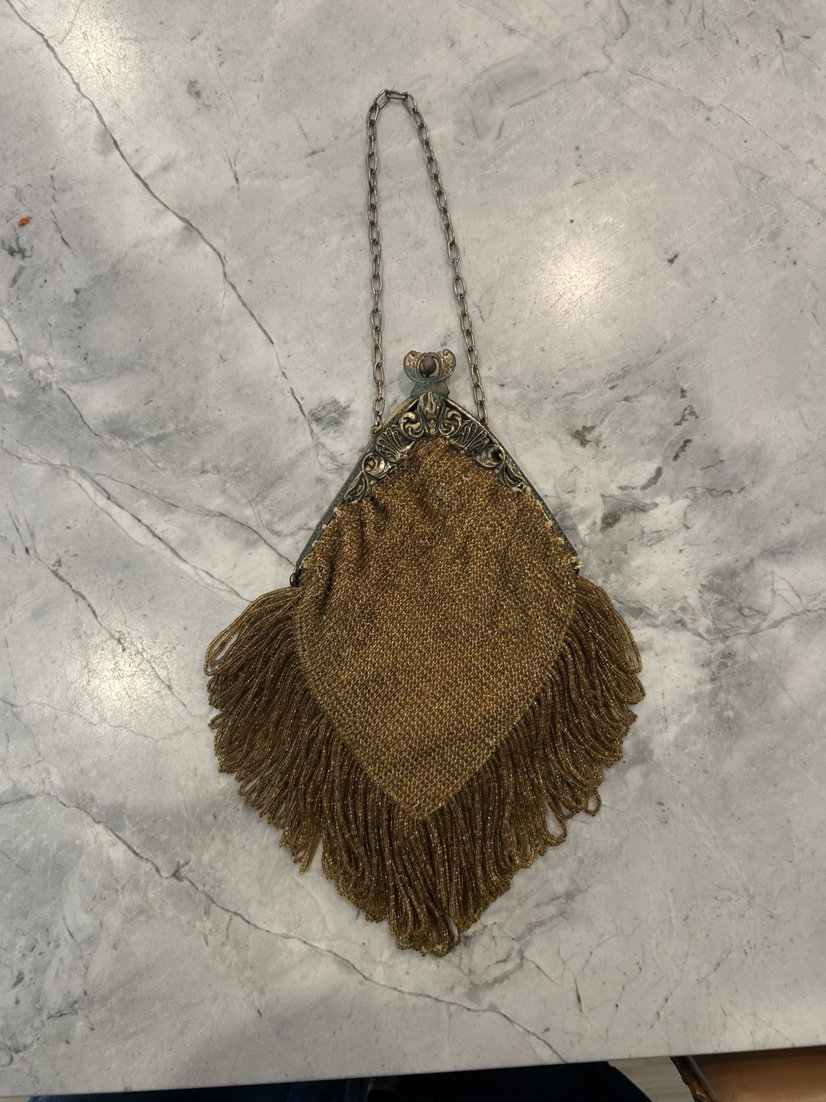 Antique Art Deco Gold Filigree Frame Amber Bead Fringe Silk Lined Flapper Purse