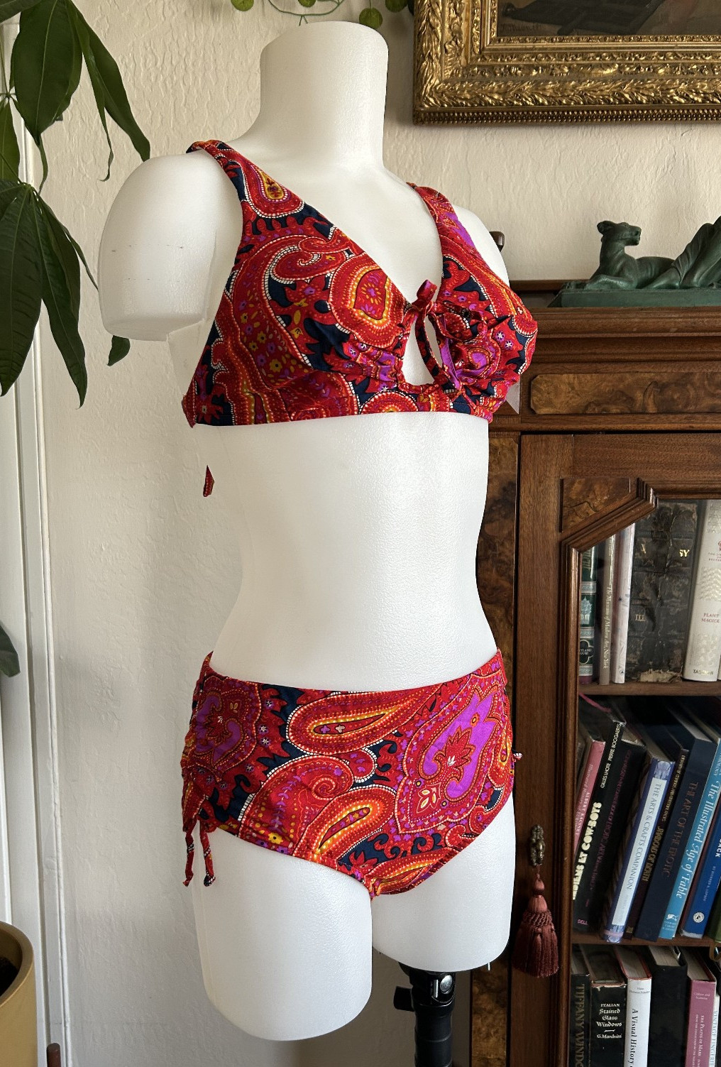 Vintage 1960s 70s Red Psychedelic Paisley Bikini Swimsuit 2pc Bathing Suit SM