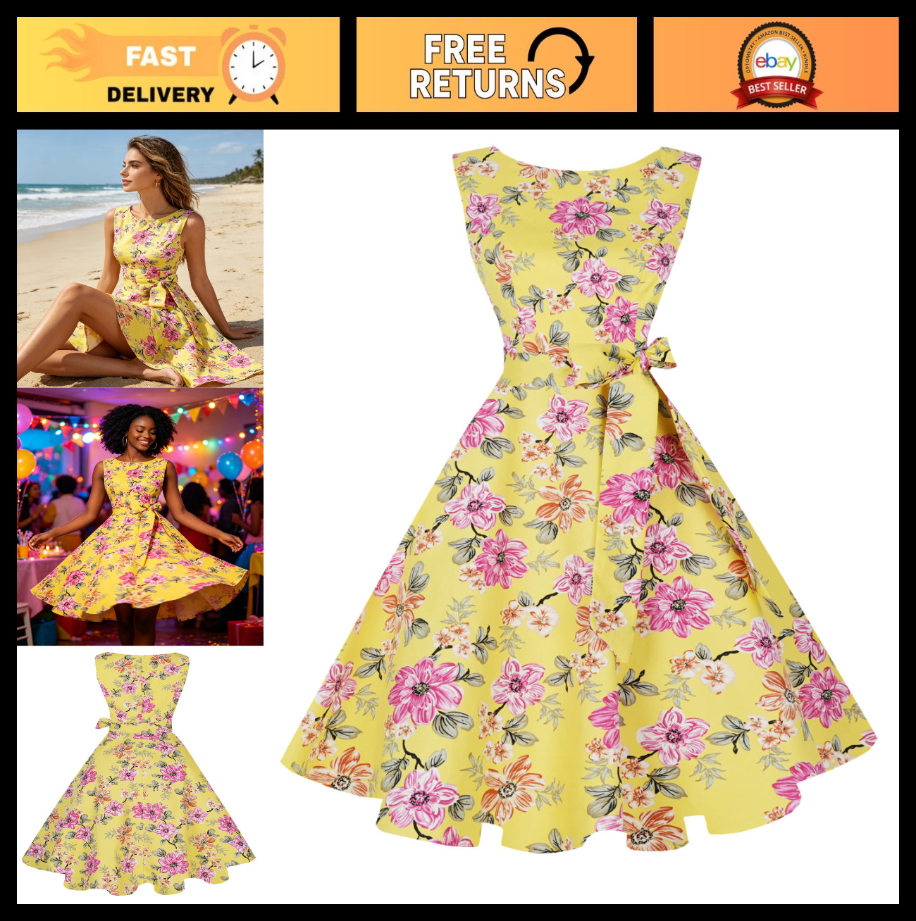 Vintage 1950s Women’s Boatneck Sleeveless Swing Cocktail Dress – New Fashion