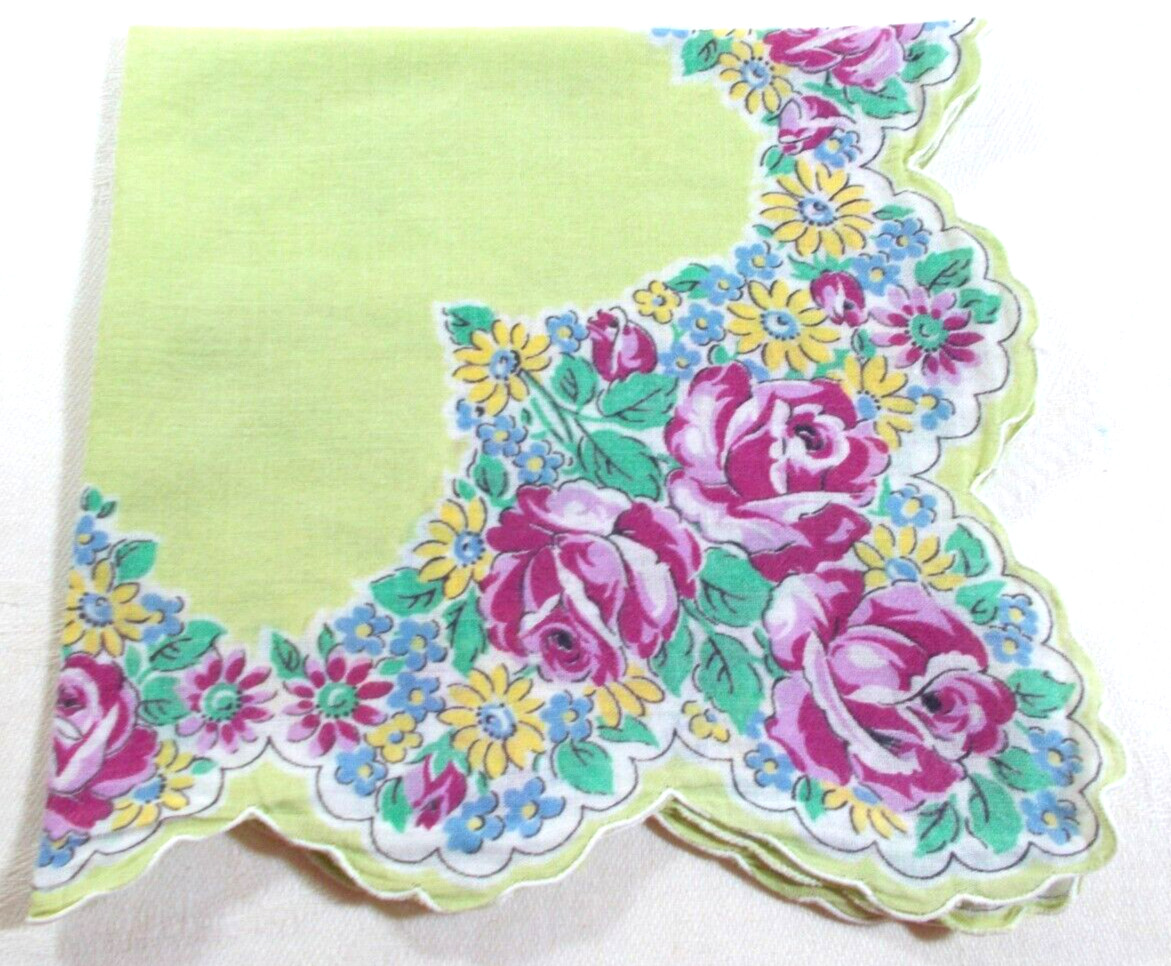 Vtg 11″ Hankie limey yellow base scalloped edges roses multi colored