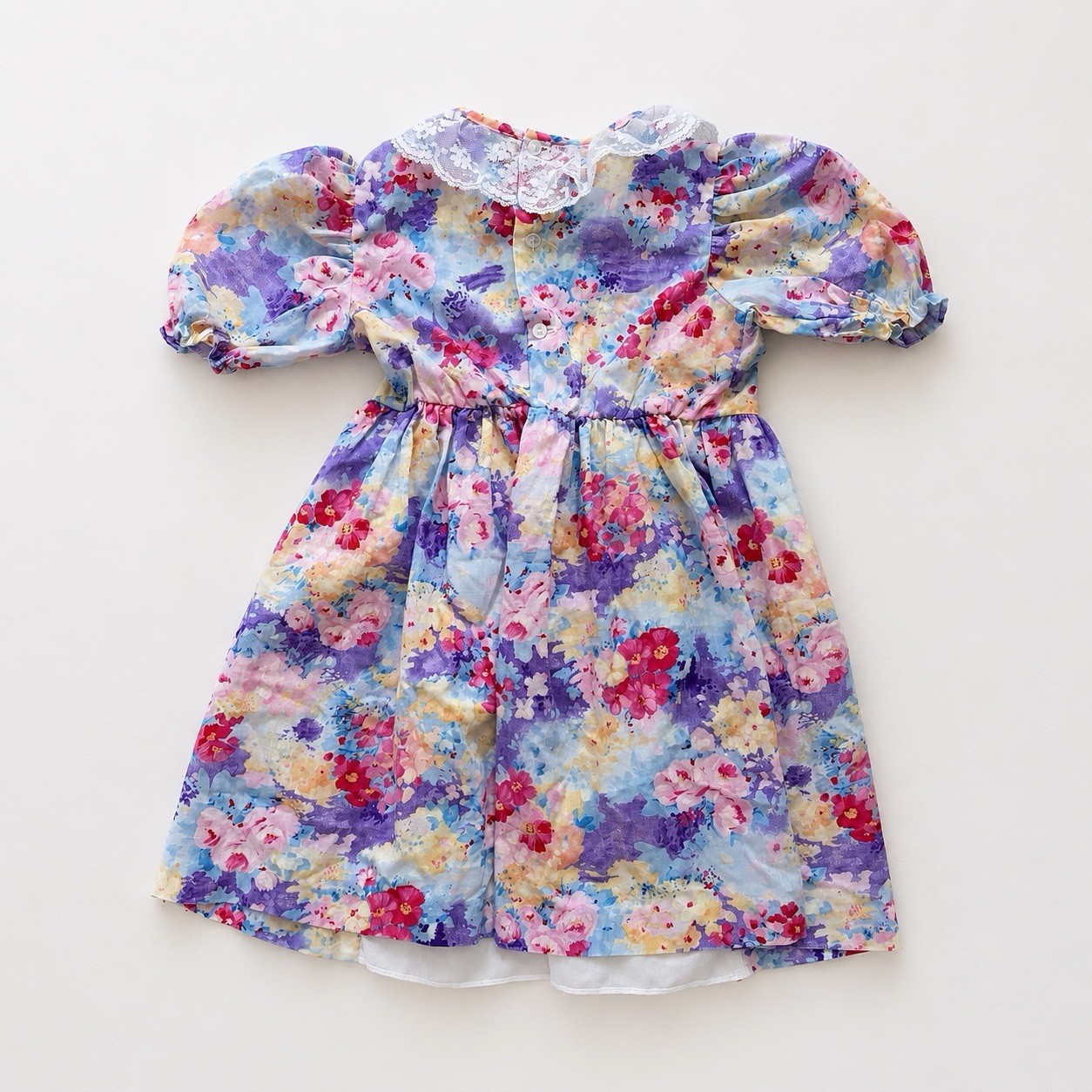 Vintage 90s Floral Girls Easter Bib Dress Party Size 5 Watercolor Buttons Lace