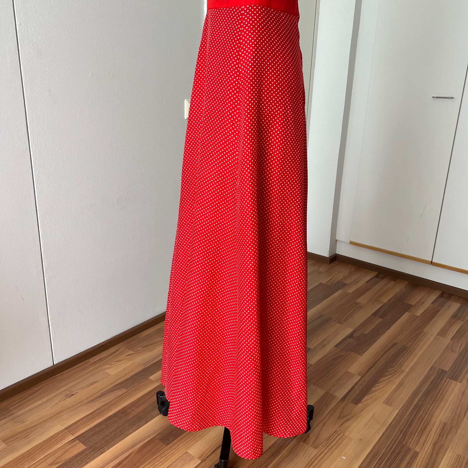 1970s YVETTE Red Polka Dot Maxi Dress V Neck Aline French Vintage Romantic Retro