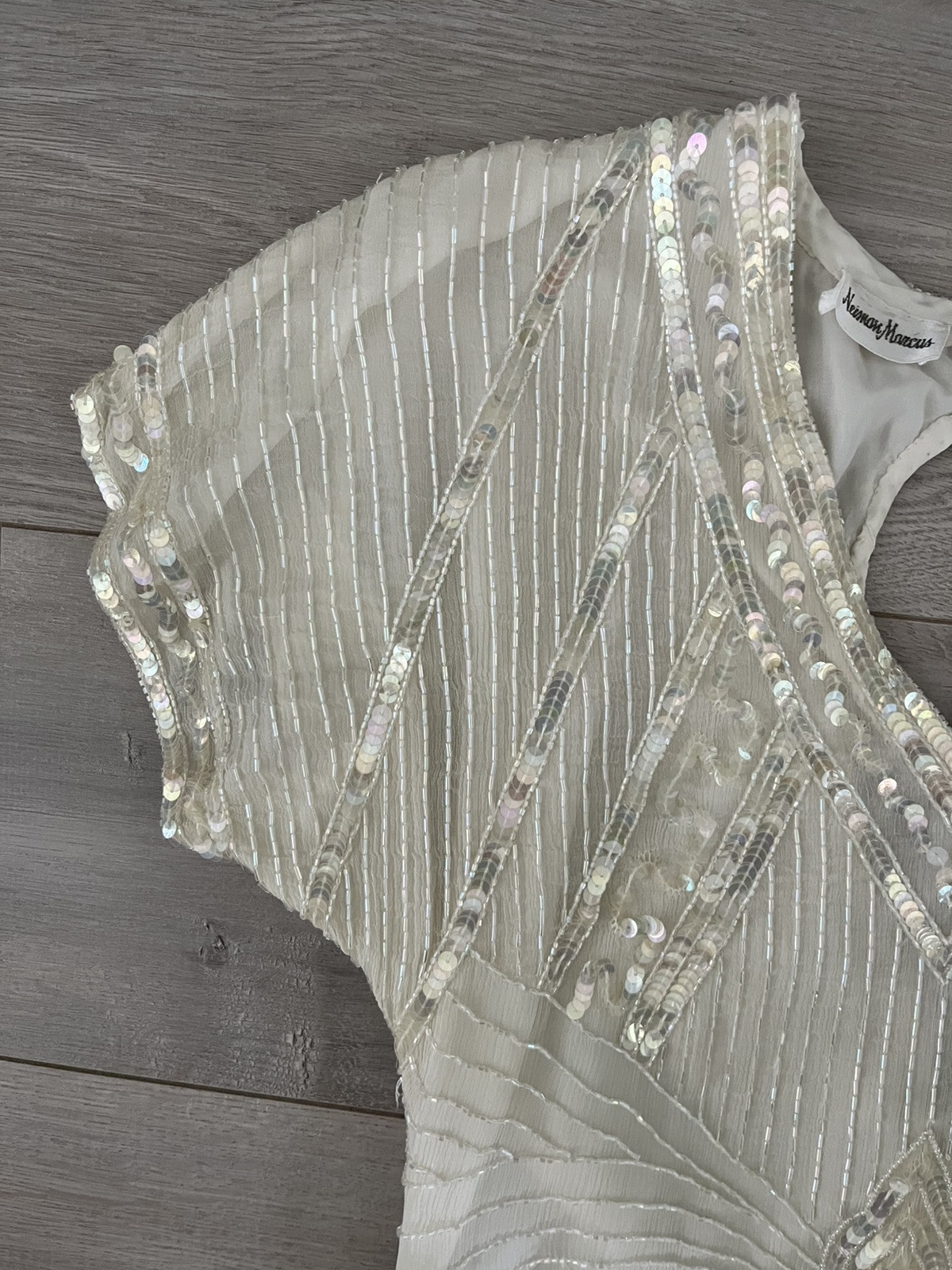 Womens Vintage Silk NEIMAN MARCUS Ivory Art Deco Cocktail Party Sequin Dress, S