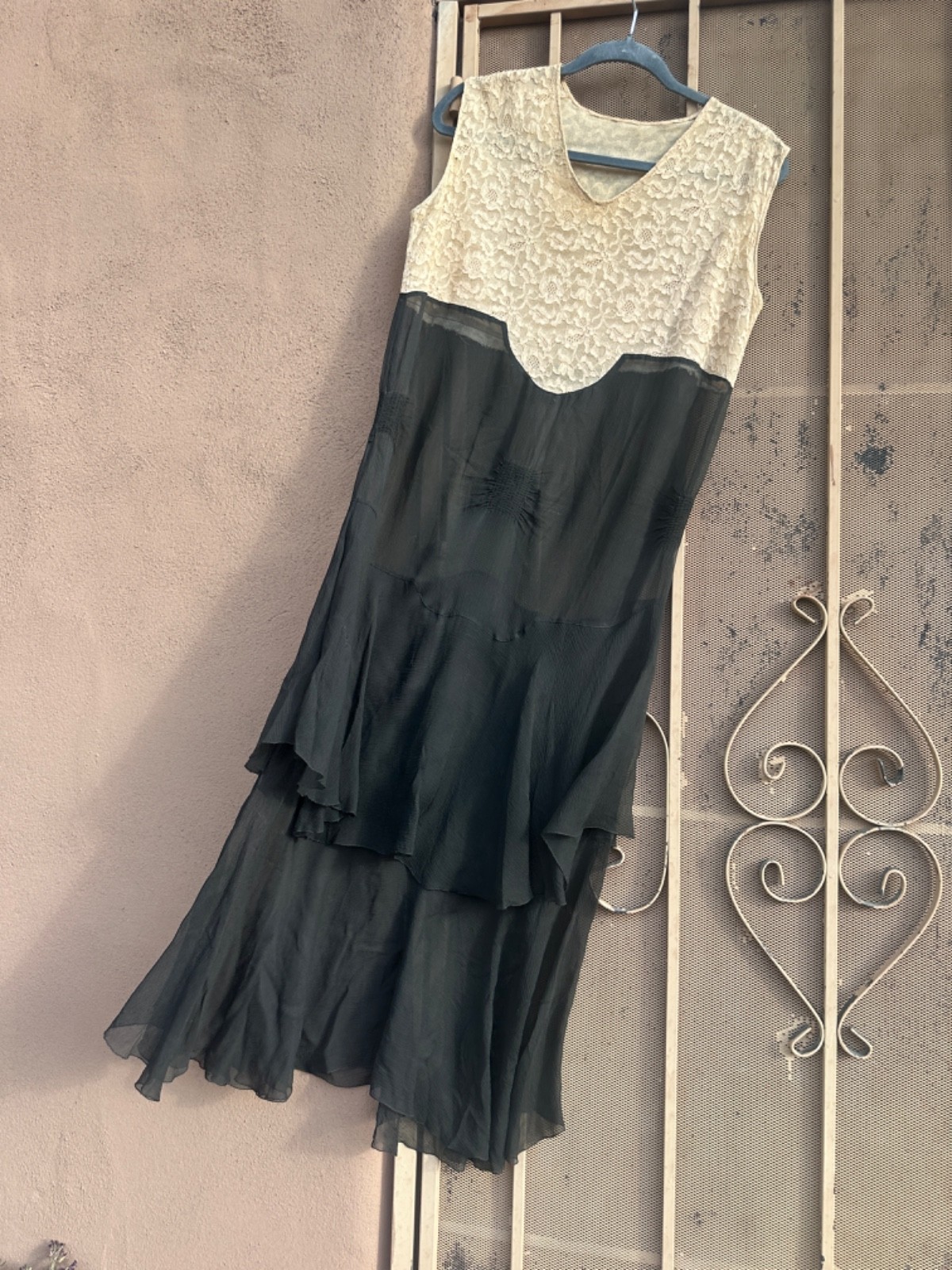 20s 30s Dress Silk Lace M/L Antique Silk Chiffon Seamstress Made
