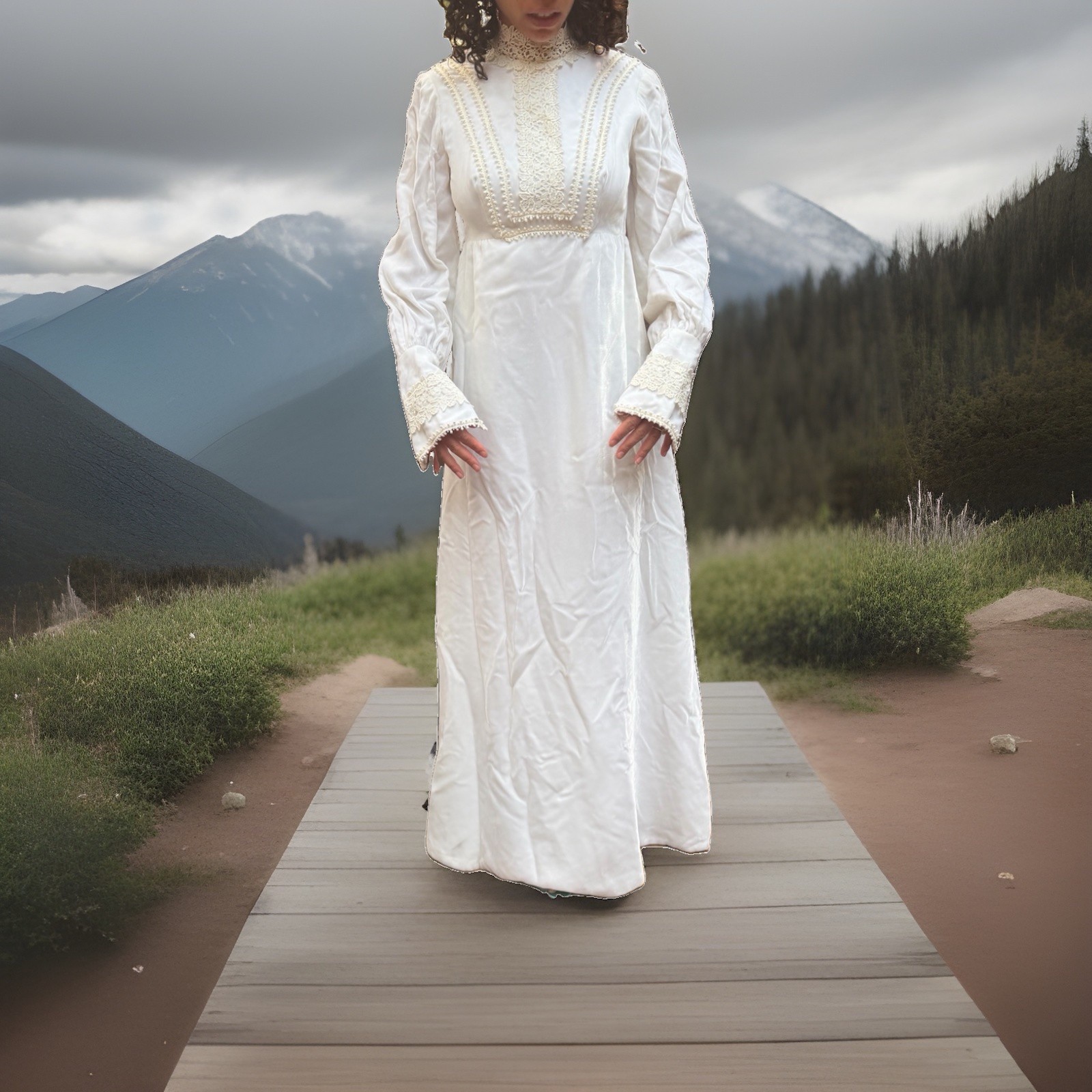 1970s Vintage Velvet Wedding Dress, Bishop Sleeve cuff And Bust Detail XS-Ivory