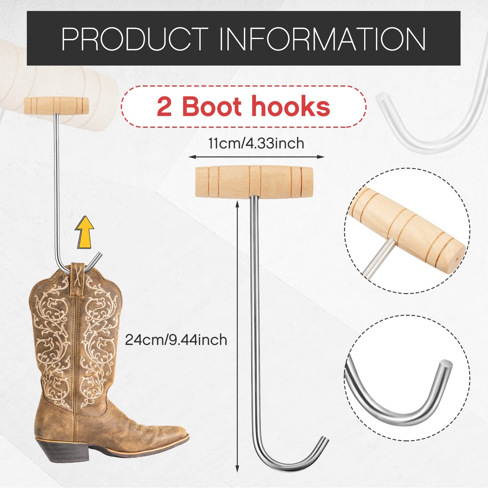 2 Pack Boot Hooks Wood Handle Cowboy Boot Puller for Easy On Off Shoes