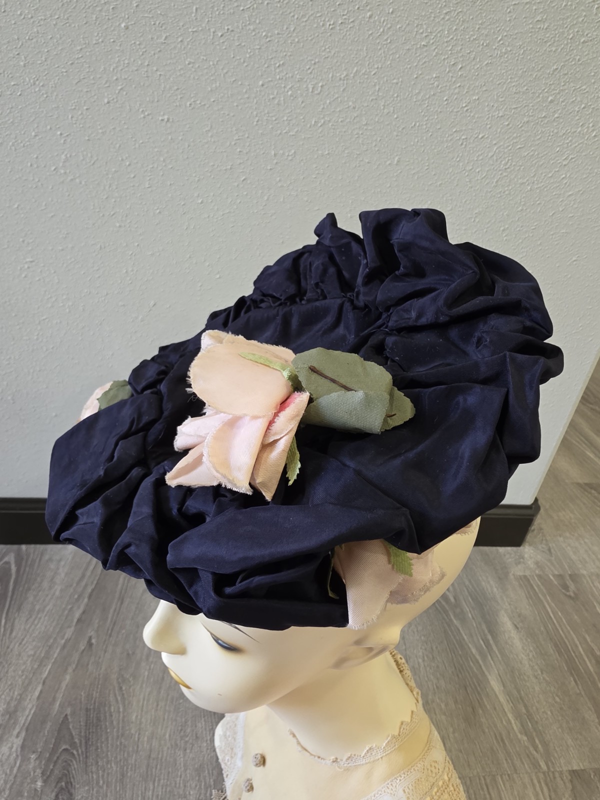1940s Tilt Toy Hat Fascinator O-ring Midnight Blue Ruffles Pink Rose Flowers