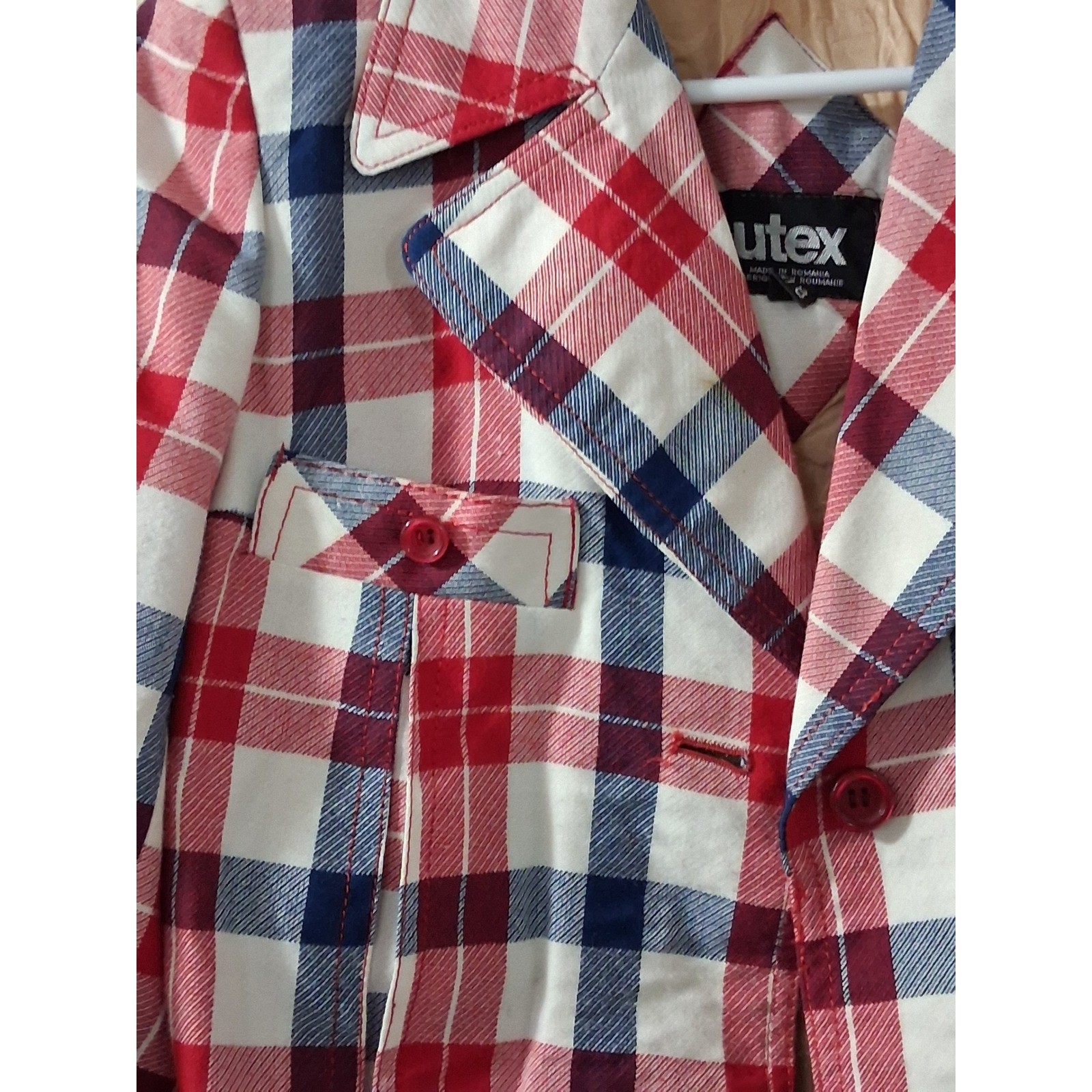 Vintage Utex Plaid Blazer Jacket Red White Blue 70s Mod Made in Romania Size 7/8