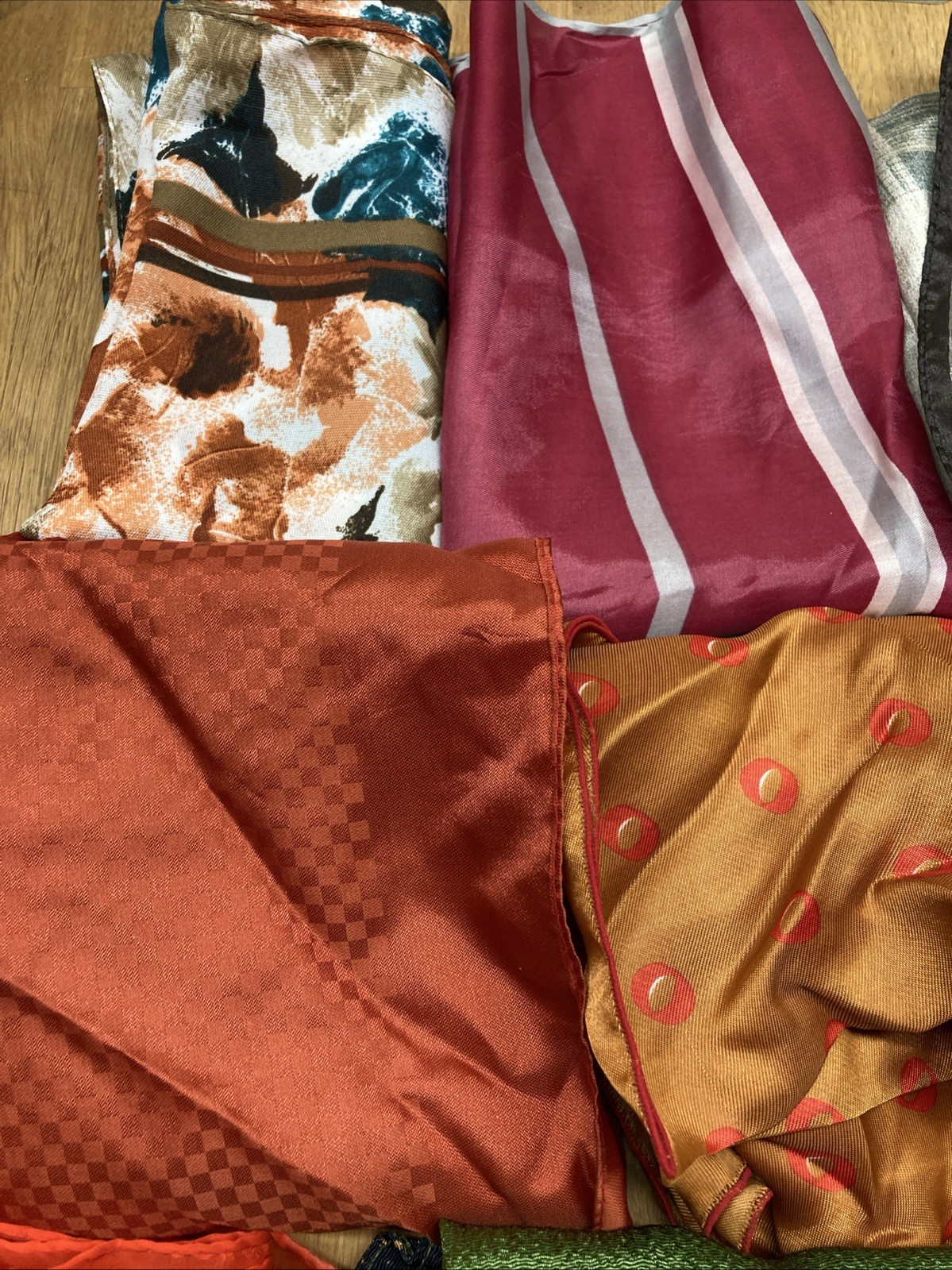 Lot of 9 Vintage Women’s Silky Scarves (variety sizes, colors, material)