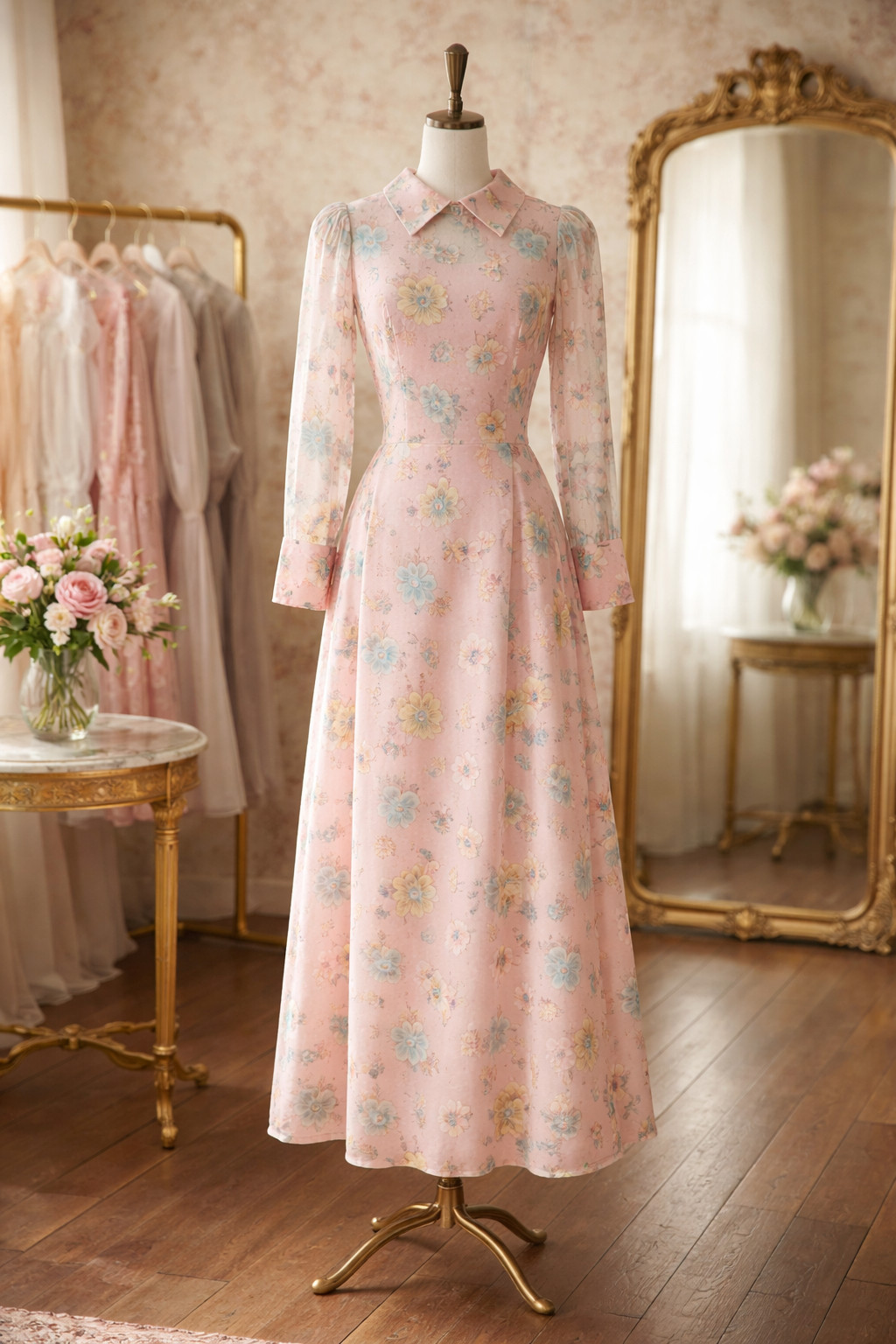 70s Dress Vintage Long Sleeve Pretty in Pink CUSTOM Made dress 1 of a kind!