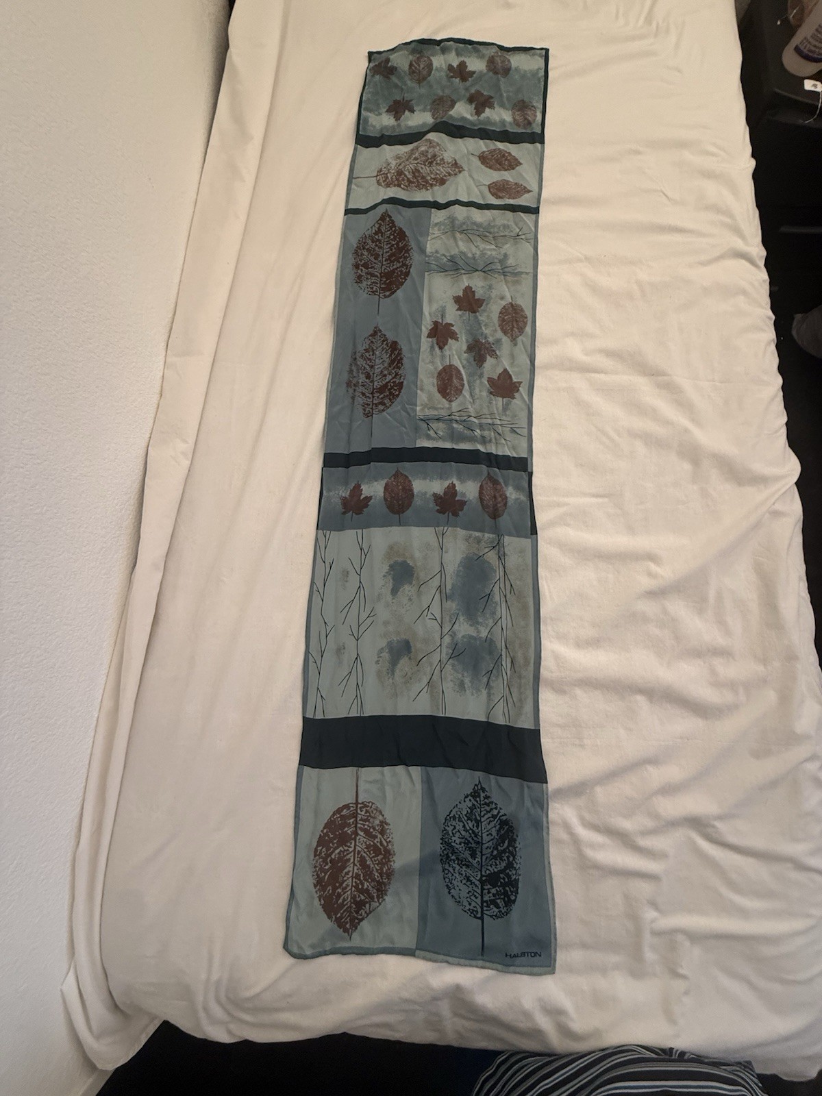 Vintage Halston Silk Leaf-Print Oblong Scarf – Blue/Brown Botanical – 1970s