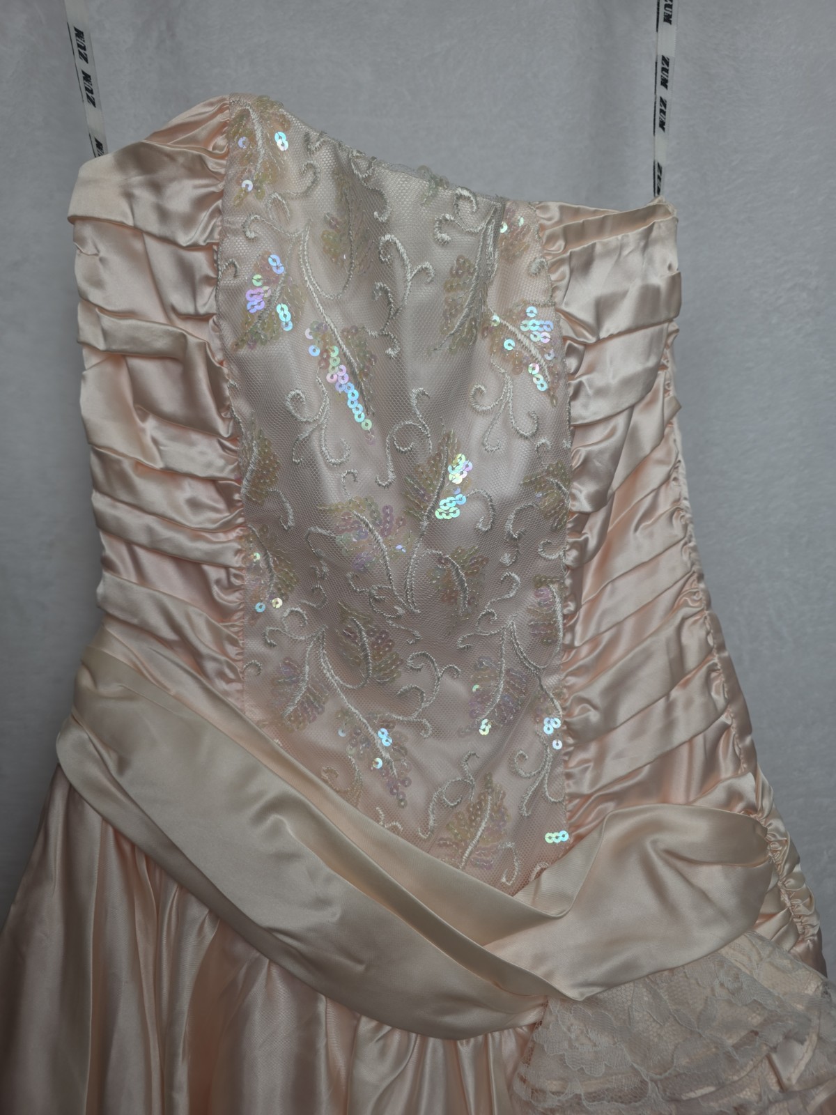 VTG 80s Zum Zum Pink Lace Jacquard Strapless Corset Prom Dress Asymmetrical Tier