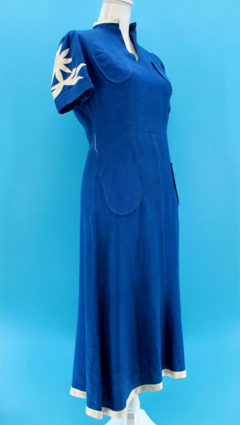 VTG Women’s 30s Royal Blue A Line Dress W/ Floral Applique’ Sleeves Sz S 1930s