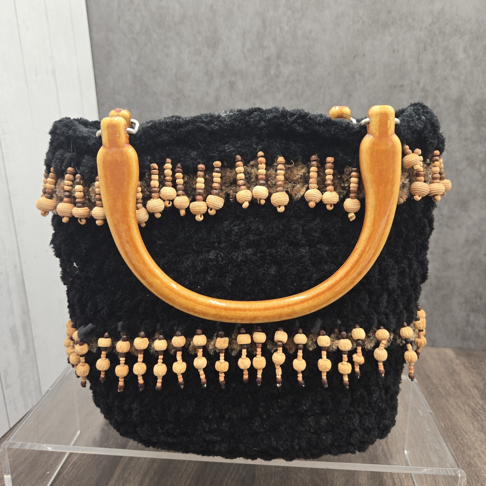 Vintage Black Beaded Crochet Handbag Wood Bead Handles Retro Purse