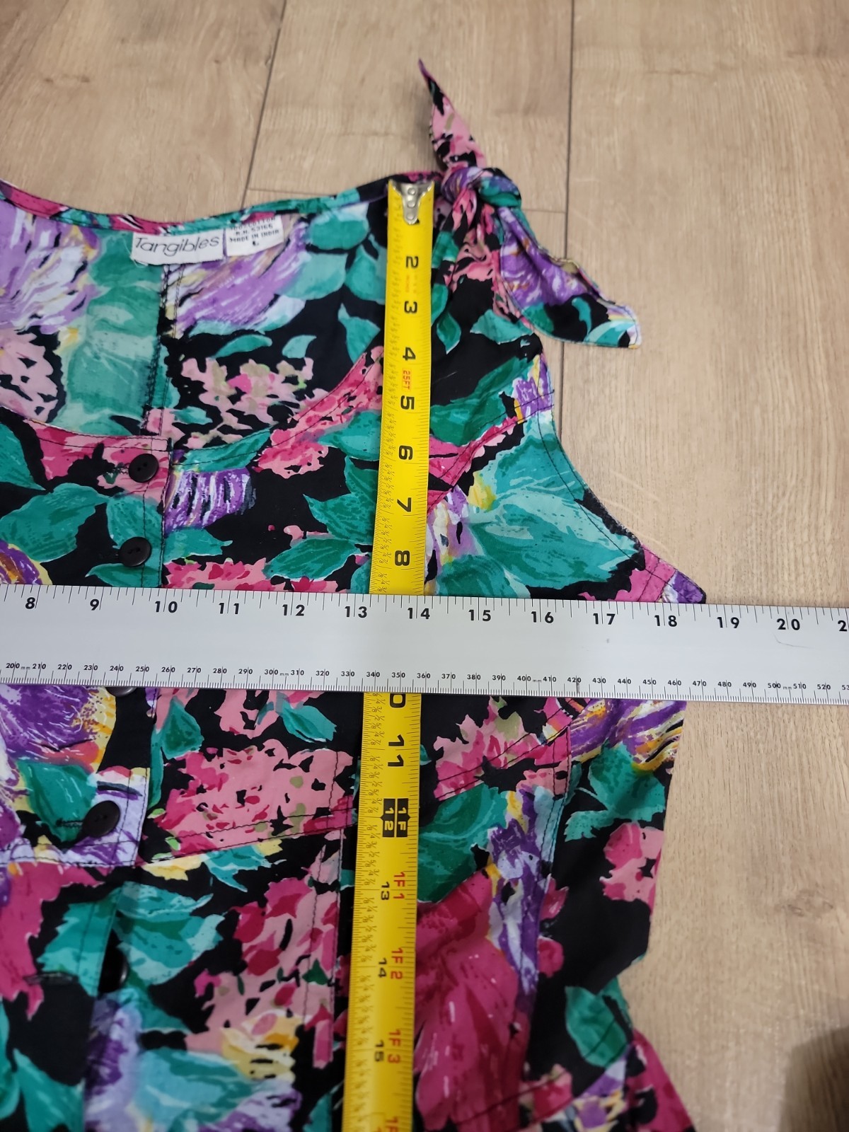 VTG 80s Floral Dress Tie Shoulder Midi Full Skirt Button Front Tea Garden