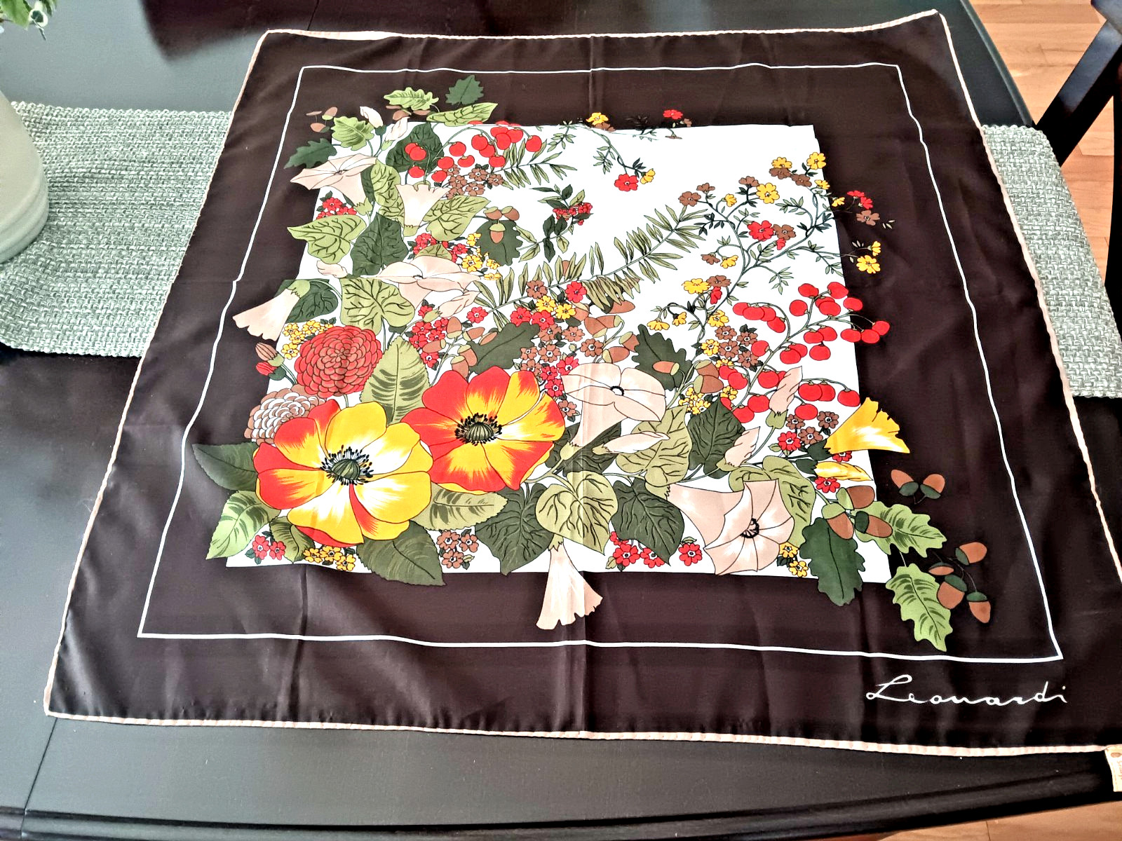 Vintage Leonardi Italian Floral Scarf Flowers Fall Harvest Colors 30 X 30 In