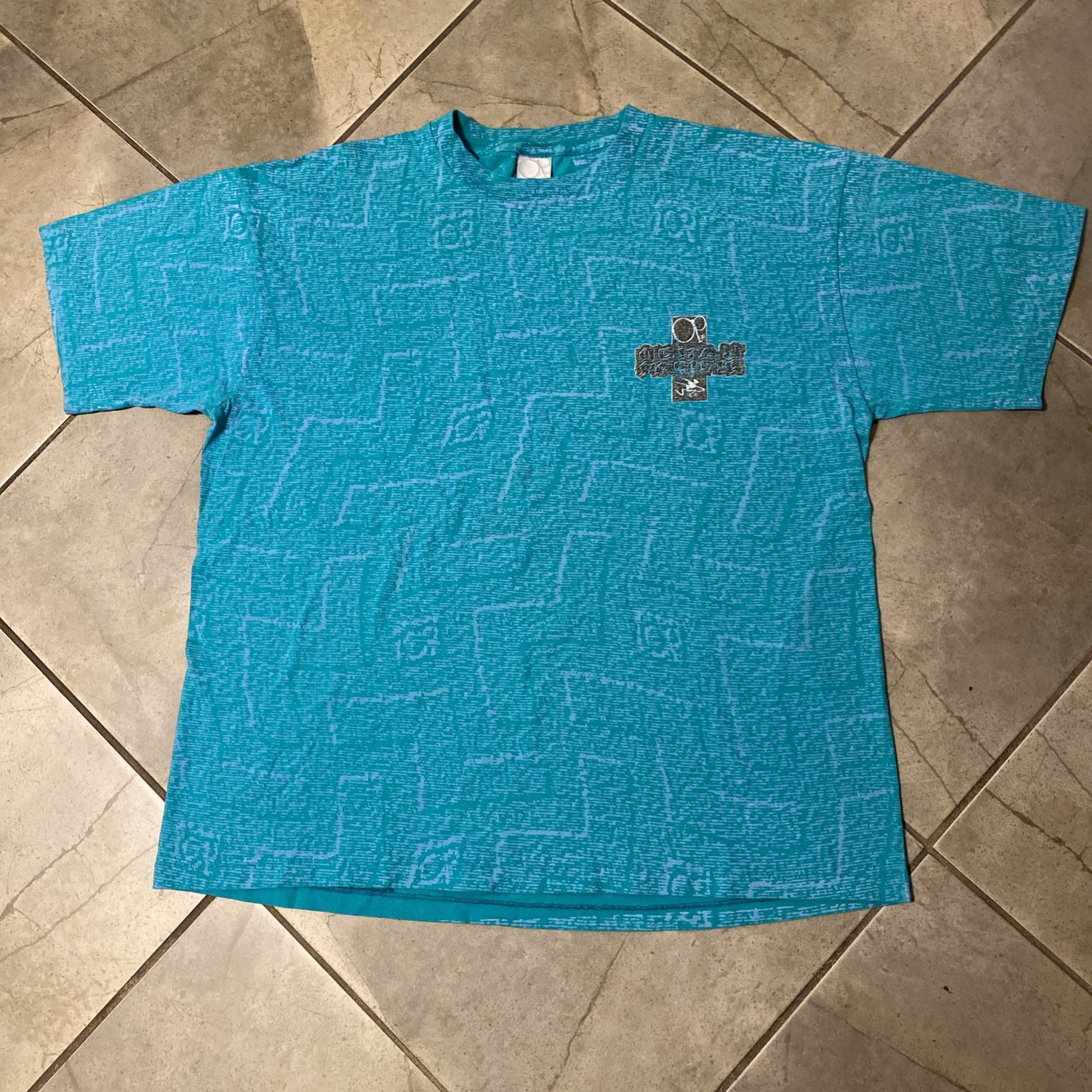 Vtg 90s Ocean Pacific OP All Over Print T Shirt XL Single Stitch Teal Surf AOP
