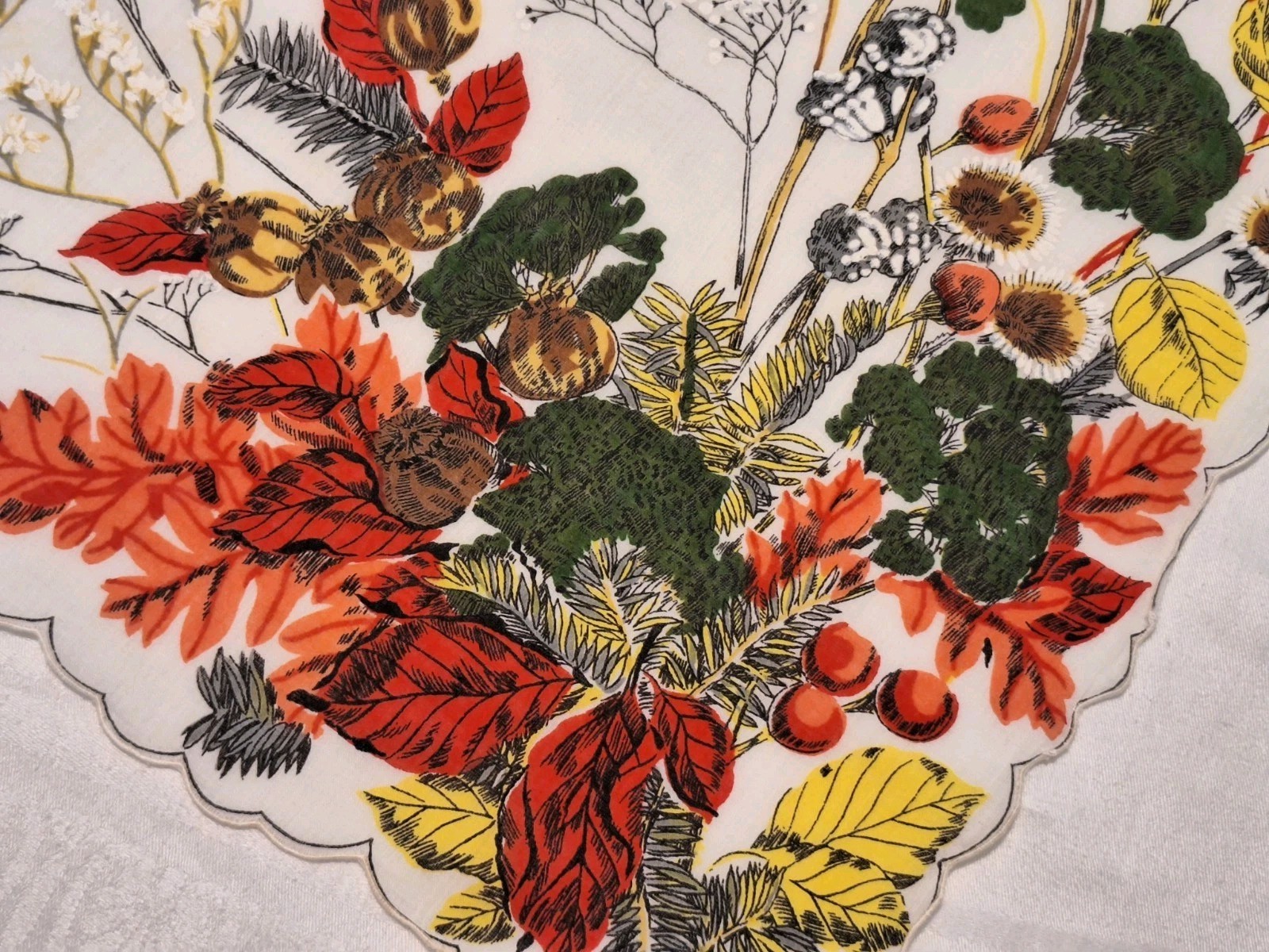 SALE Gorgeous Colorful Fall Leaf Bouquet Scalloped XL Hankie FREE SHIP