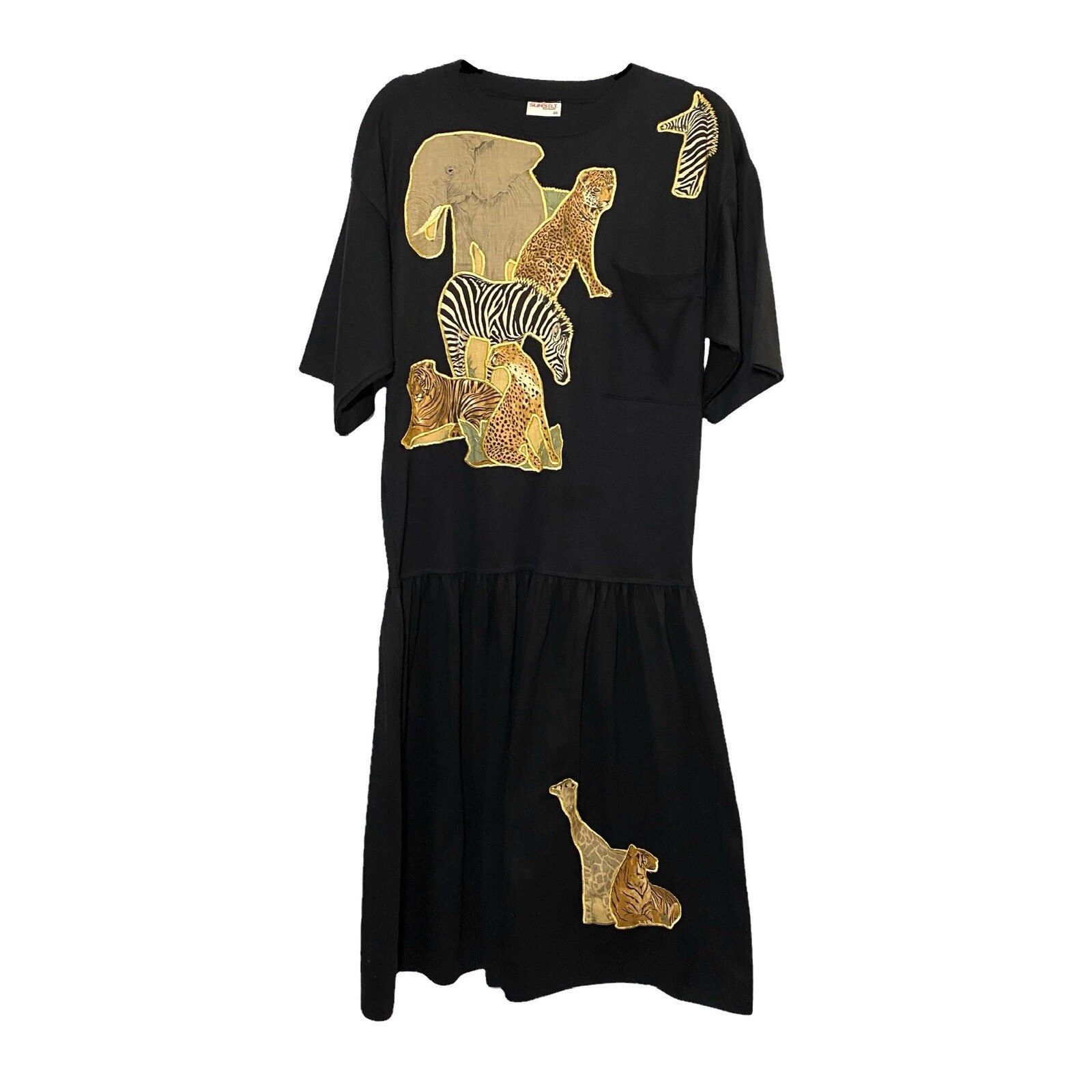 Vintage Safari Animals MIDI Dress Sunbelt Sportswear Drop Waist Pocket Black USA