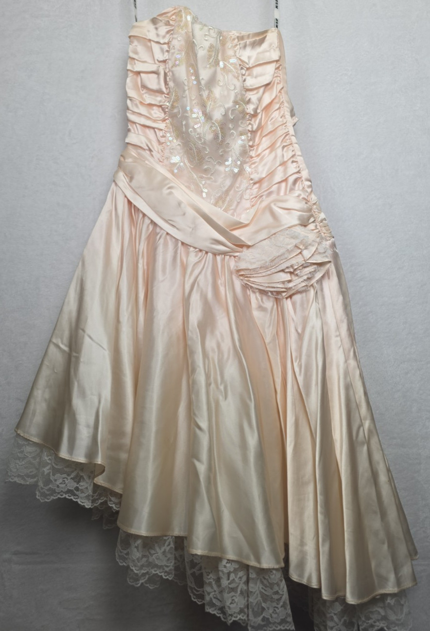 VTG 80s Zum Zum Pink Lace Jacquard Strapless Corset Prom Dress Asymmetrical Tier