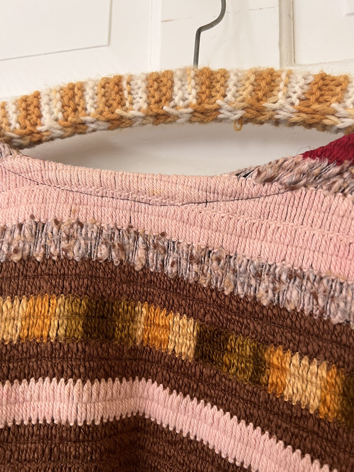 Vtg 60s 70s Unique Boho Multi Fabric Textile Fiber Art Knit Poncho Sweater S M L
