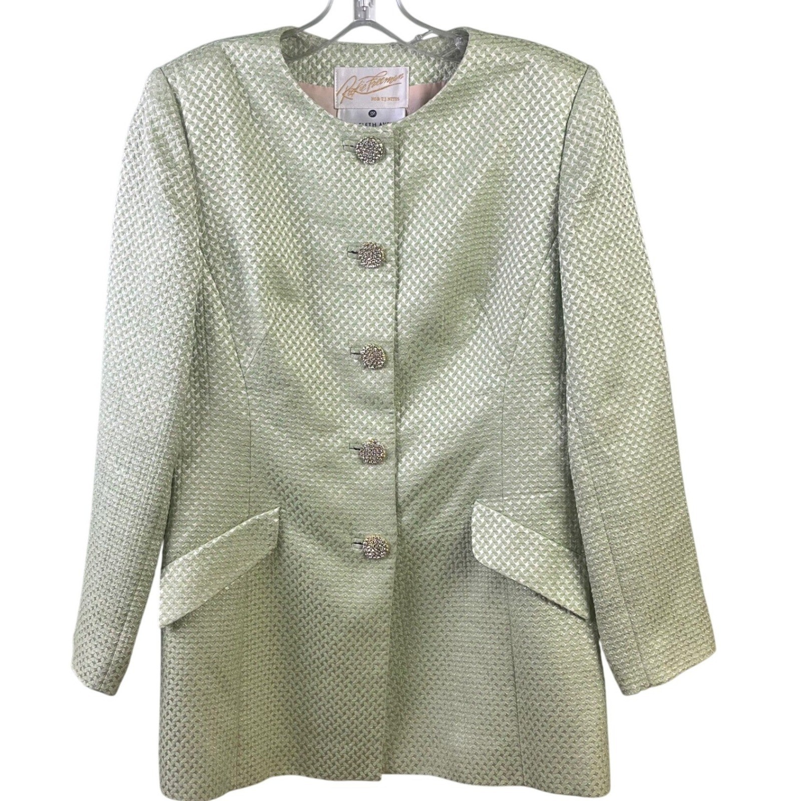 VTG Saks Fifth Avenue Rickie Freeman Pale Sage Metallic Brocade Suit Size 10 USA
