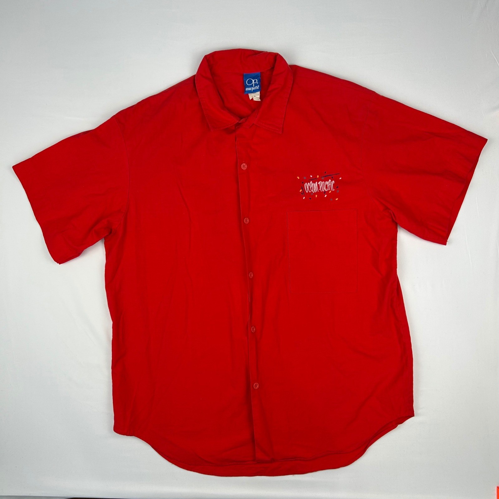 Vintage Ocean Pacific OP Red Surfer Graphic Button Down Shirt Mens Medium USA