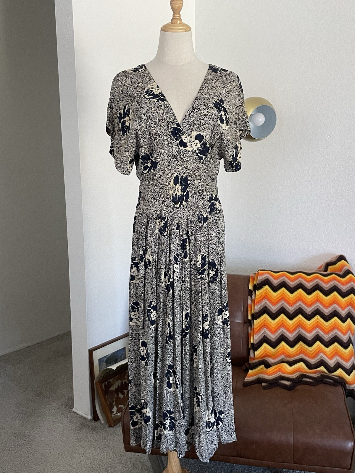 Vintage 1980s Ann Tjian for Kenar 2 Romantic Twee Floral Dress Sz 8 Blue Cream