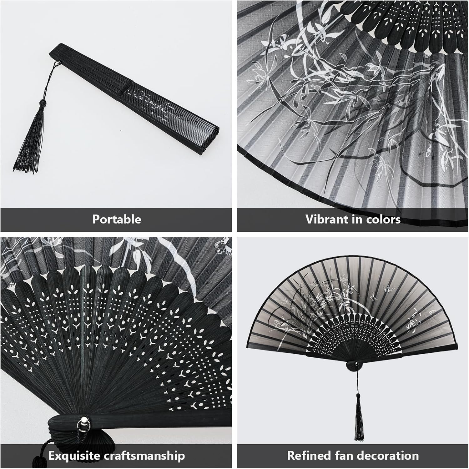 4 Pcs Handheld Folding Fan Small Chinese Silk with Tassel Floral Manual Fan H…