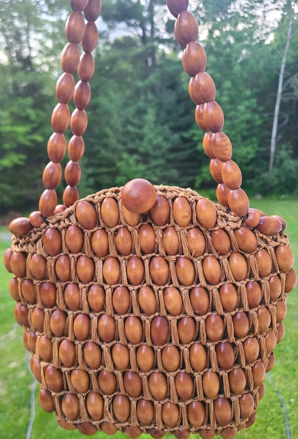 Vintage Walborg Wooden Bead Bag Purse Handbag Japan 50s 60s Boho Mod MCM