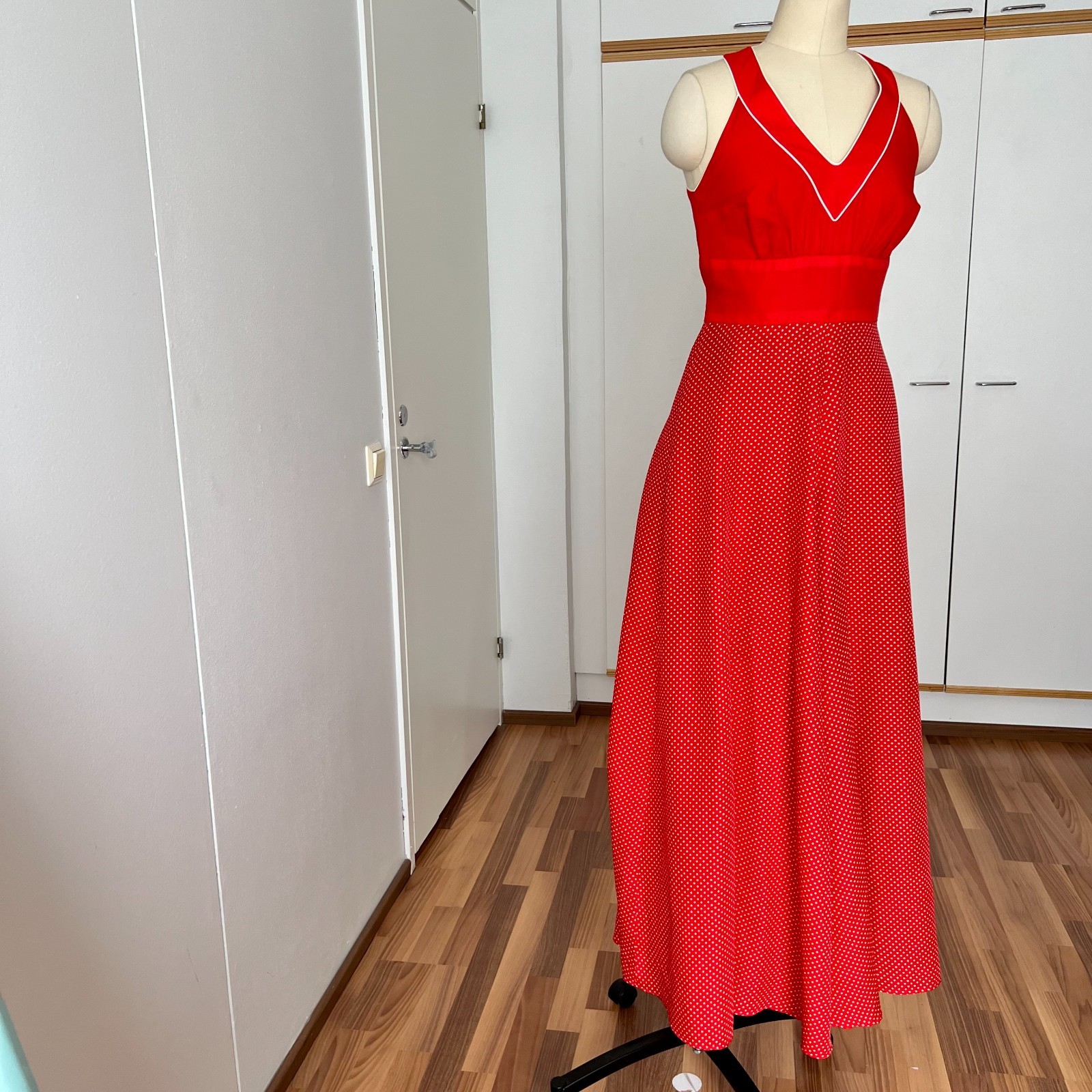 1970s YVETTE Red Polka Dot Maxi Dress V Neck Aline French Vintage Romantic Retro