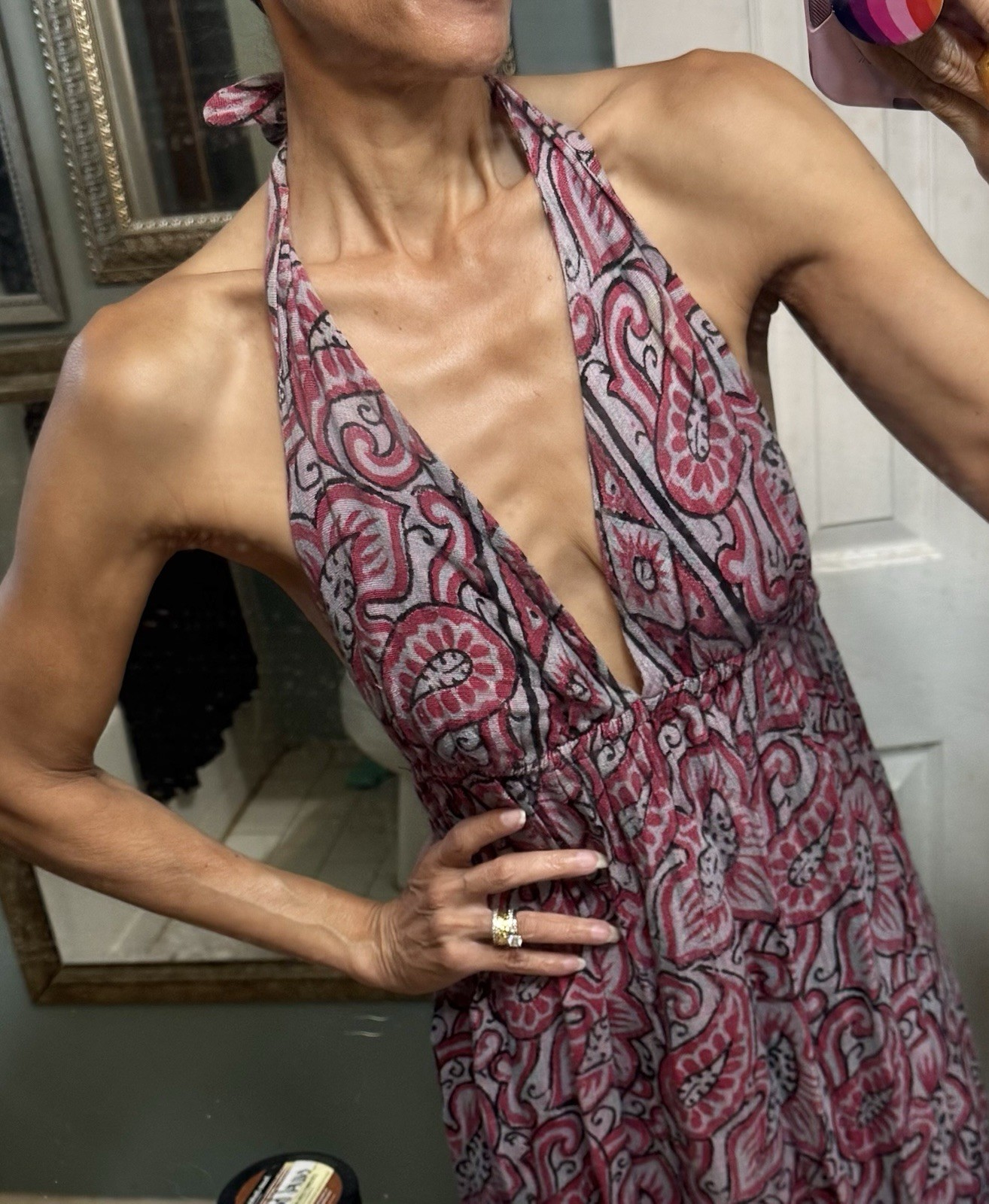 Vtg Gauze Halter Cotton Open Back Maxi Dress India Paisley 70s Elastic Plunge S