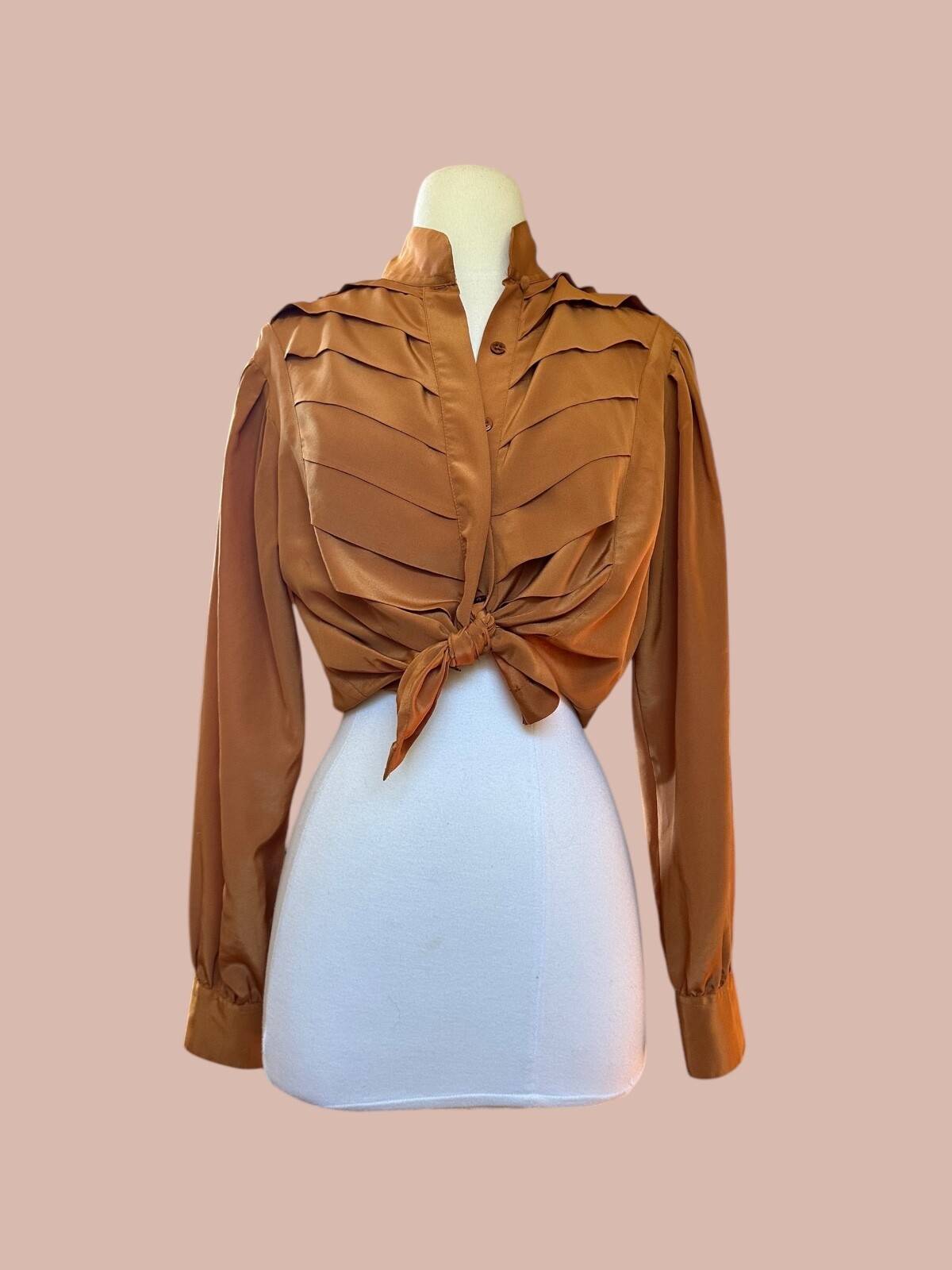 Vintage career business casual button up camel blouse sz large Made in Hong Kong